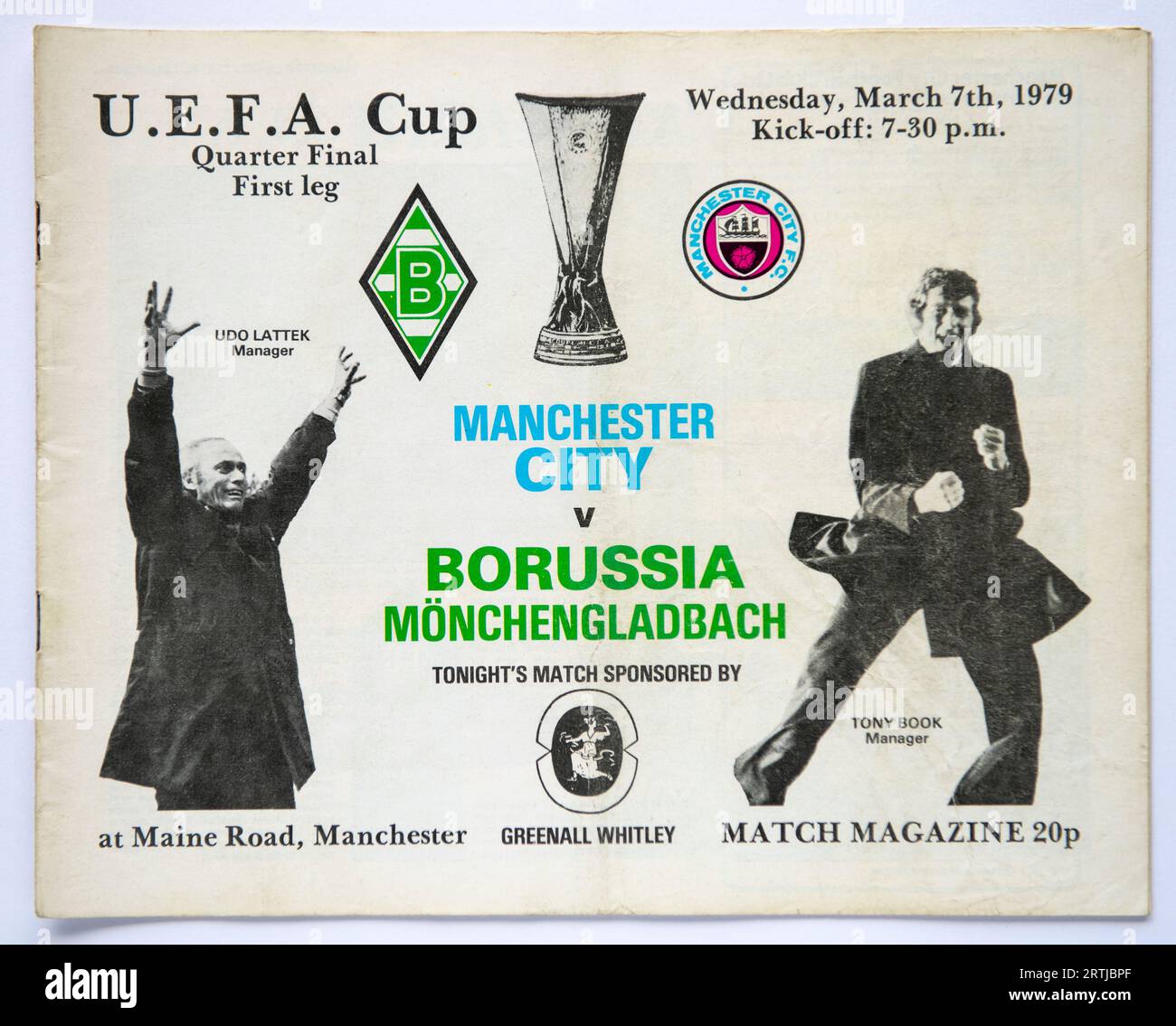 Programma di partite del Manchester City per la partita di andata dei quarti di finale di Coppa UEFA contro il Borussia Monchengladbach a Maine Road nel marzo 1979 Foto Stock