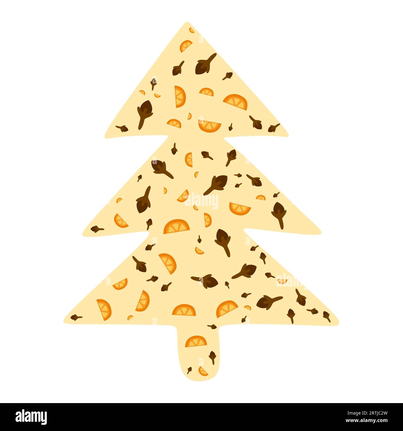 Silchouette albero di Natale con spezie per VIN brulé. Arancia e chiodi di garofano elementi aromatici di stagione. Illustrazione vettoriale isolata su sfondo bianco Illustrazione Vettoriale