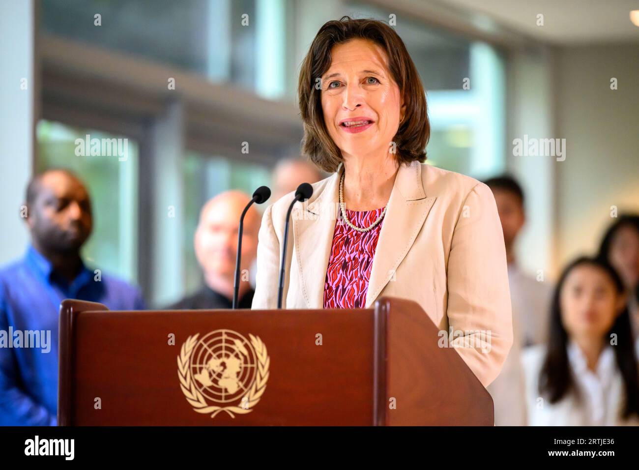 New York, USA. 13 settembre 2023. Melissa Fleming, sottosegretario generale delle Nazioni Unite per le comunicazioni globali, interviene presso la sede delle Nazioni Unite, durante una cerimonia in occasione del 42° anniversario della giornata internazionale della pace. Crediti: Enrique Shore/Alamy Live News Foto Stock