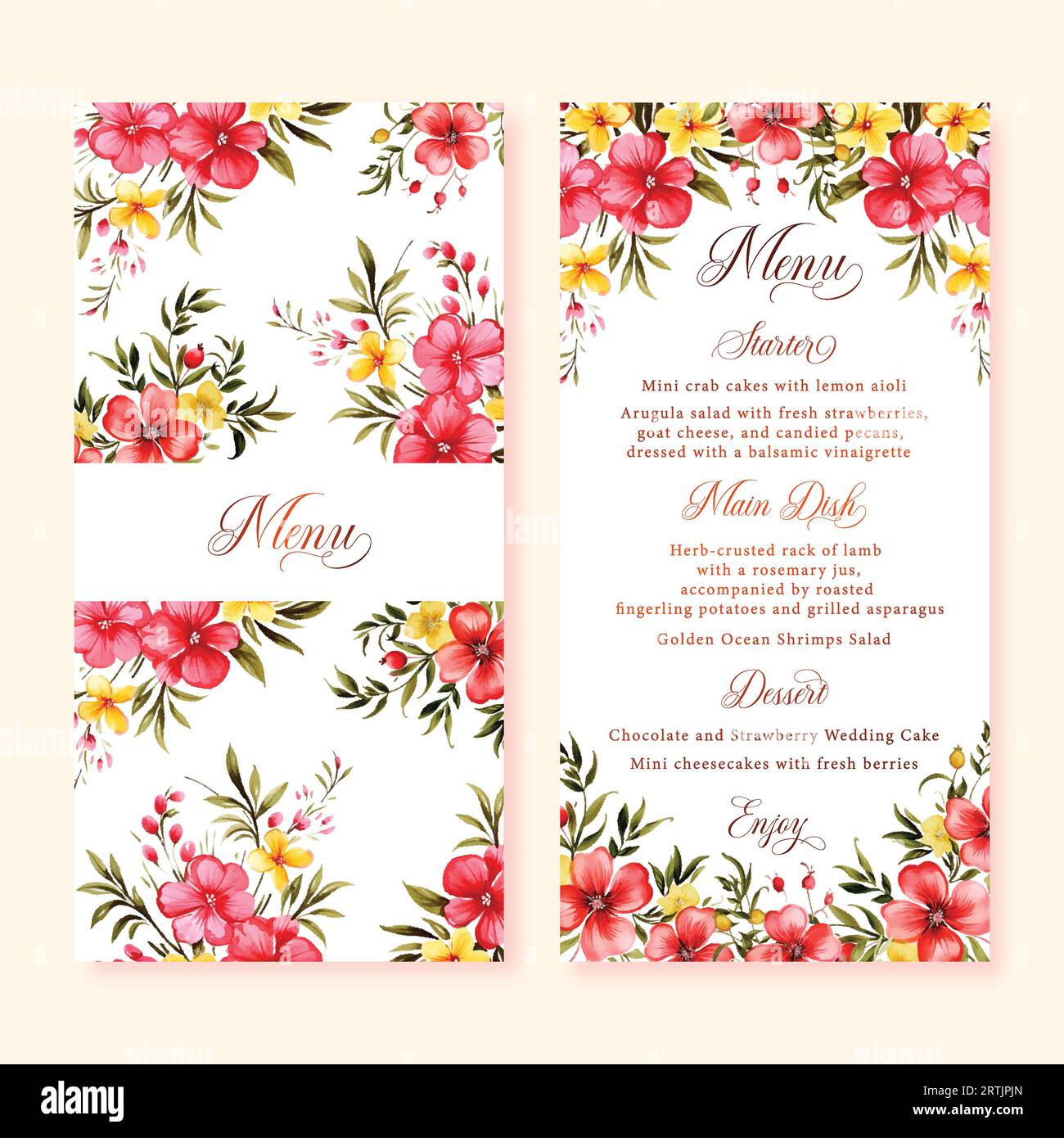 Biglietti per il menu di nozze floreali ad acquerello con fiori selvatici rossi e gialli, clipart vettoriale. Illustrazione Vettoriale