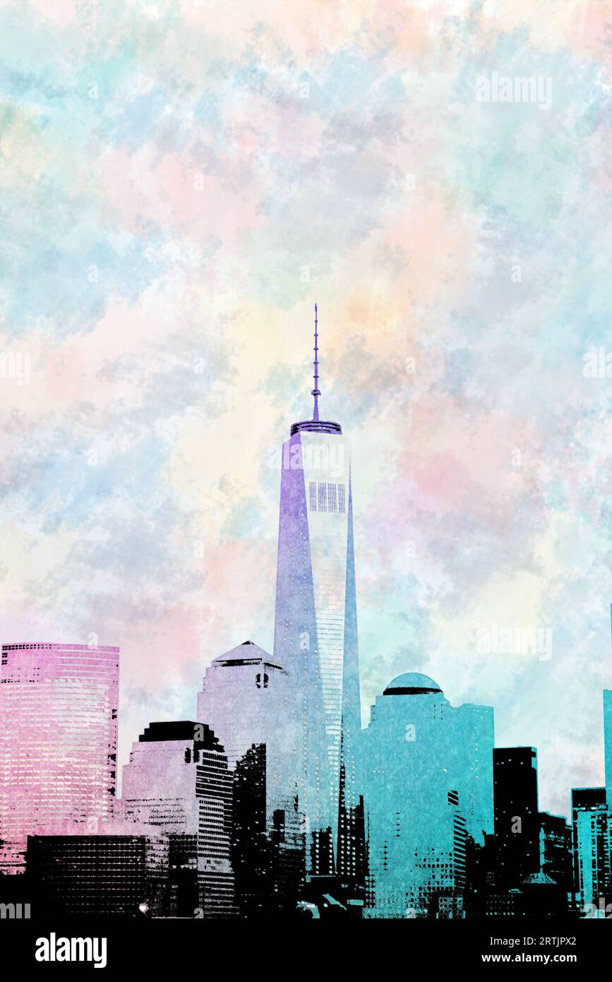 Illustrazione dello skyline di Lower Manhattan lungo il fiume Hudson, incluso il One World Trade Center. Foto Stock