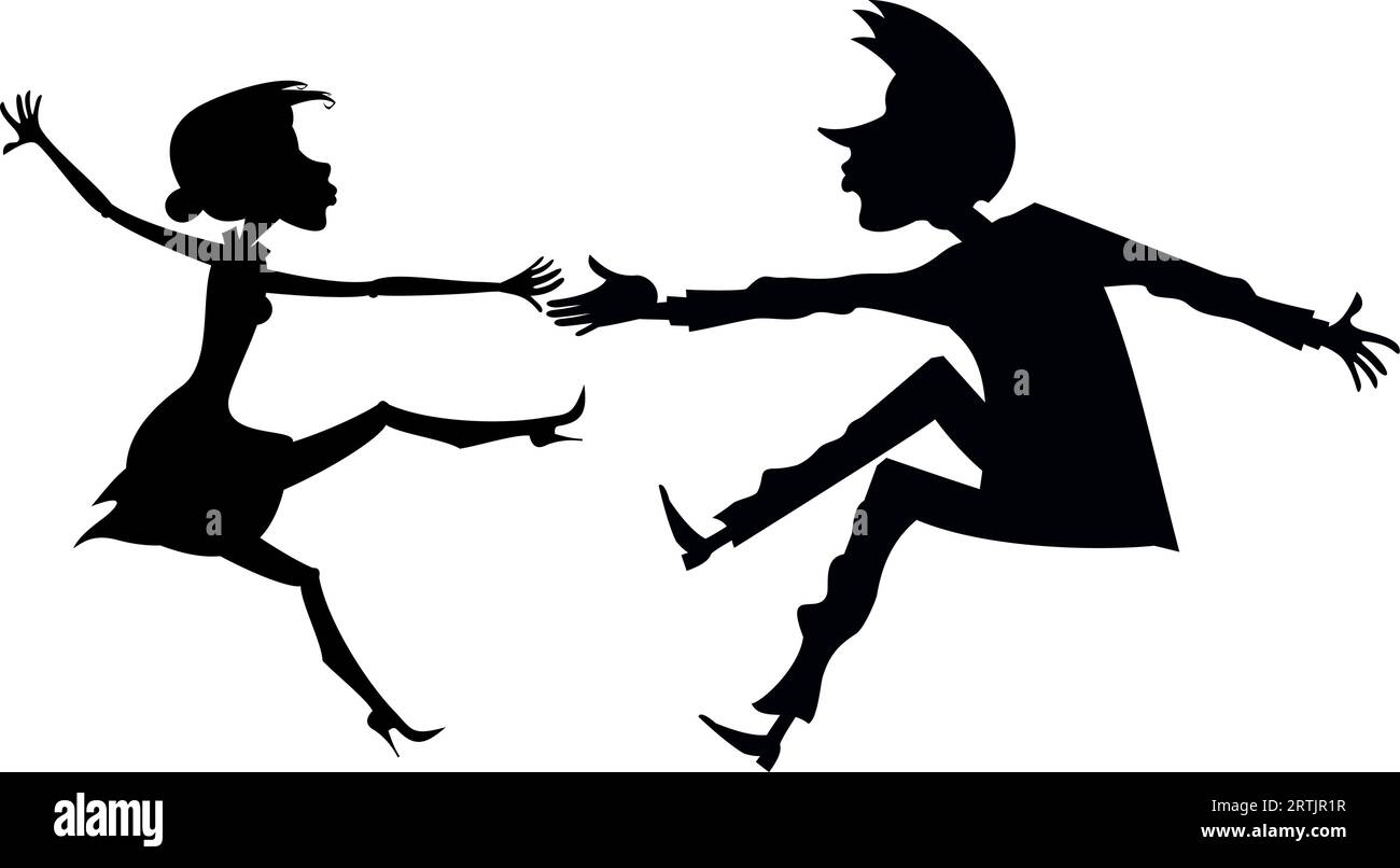 Coppia giovane ballerina romantica. Art silhouette. Divertente ballare giovani uomini e donne. Bianco e nero Illustrazione Vettoriale