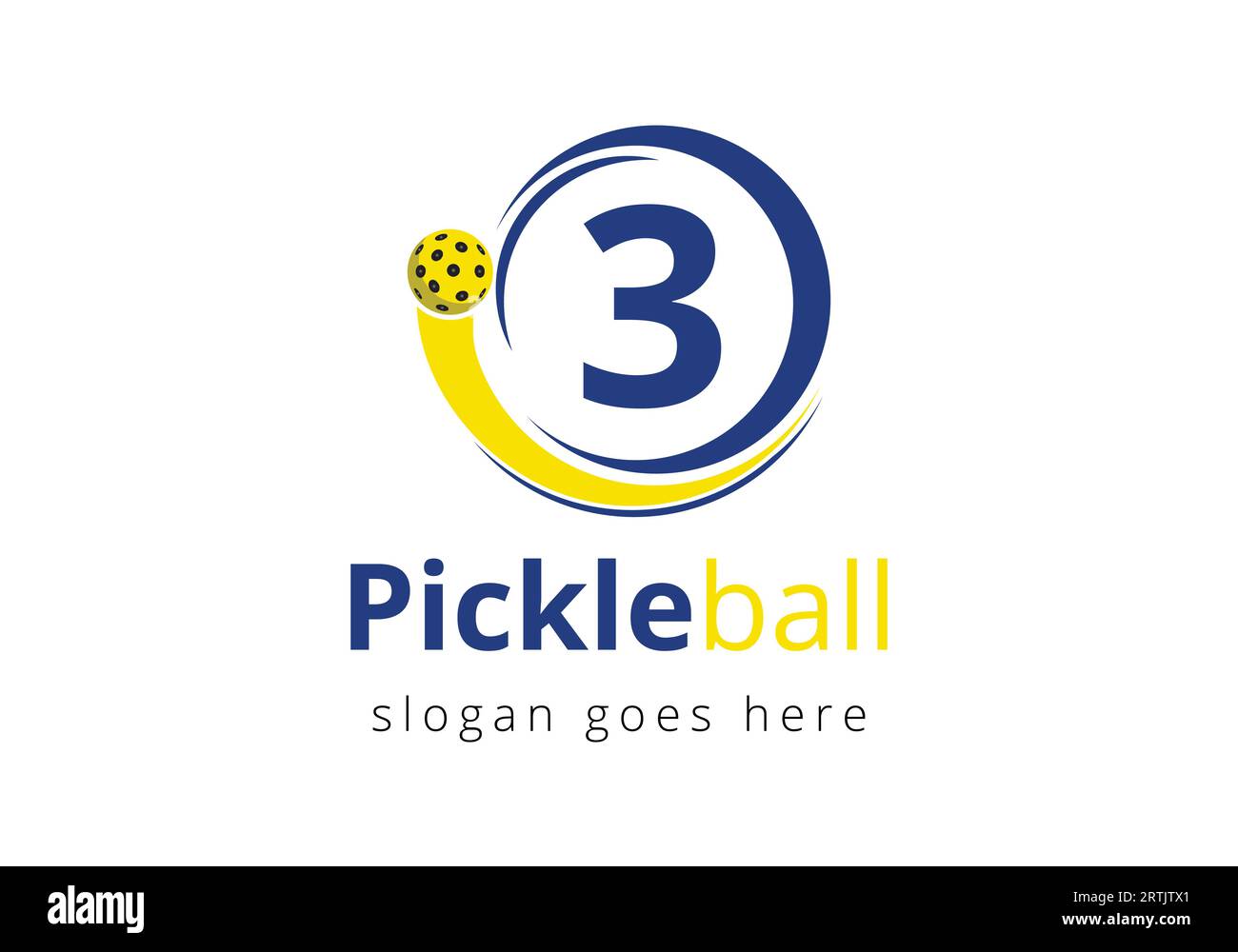 Alfabeto iniziale di 3 lettere con concetto di logo Pickleball con simbolo Pickleball in movimento Illustrazione Vettoriale