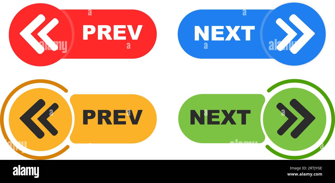 Set di pulsanti precedente e successivo. freccia dei pulsanti prec. avanti. Icona freccia sinistra destra. Pulsanti indietro e Avanti adatti per i pulsanti Web dell'interfaccia utente di app e siti Web. NEX Illustrazione Vettoriale