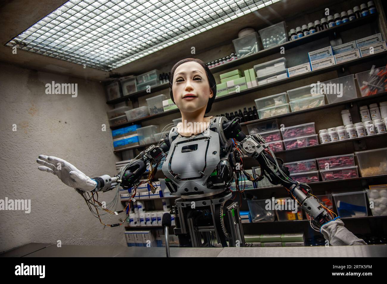 Un robot dall'aspetto umano viene visto in posa per una foto. Nel suo lavoro, Dries Verhoeven, regista teatrale e artista visivo olandese "Happiness", esplora il mondo della felicità artificiale che è sempre più disponibile sotto forma di farmaci, antidolorifici e antidepressivi. Un piccolo edificio in cemento è situato nello spazio pubblico gestito da Amy, un robot dall'aspetto umano ci parla di diversi farmaci, antidolorifici e antidepressivi che possiamo usare per modificare la nostra realtà emotiva. Il lavoro esplora la zona in cui l'uomo e l'artificiale si fondono. Foto Stock