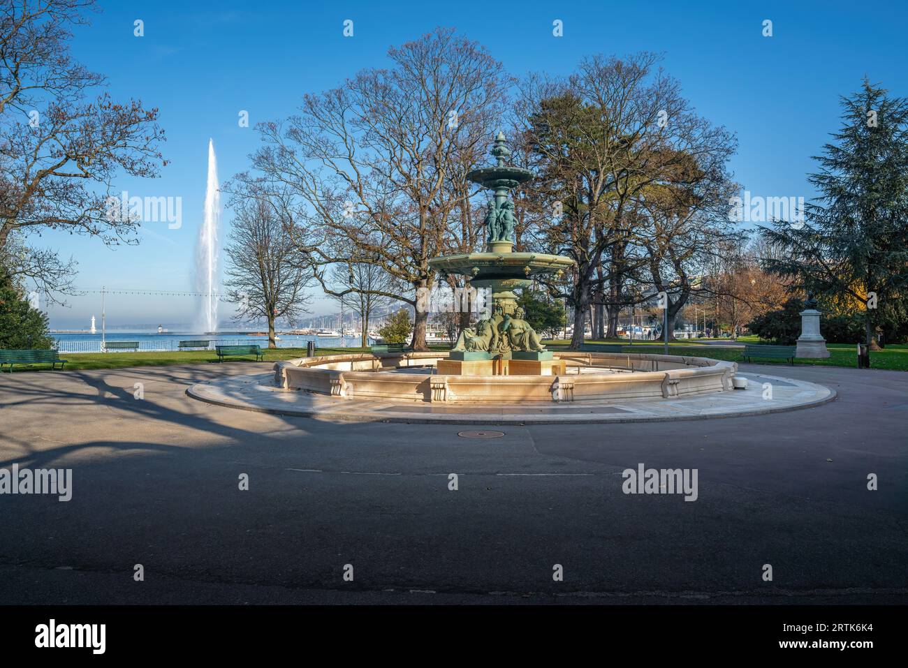 Fontana delle quattro stagioni al Jardin Anglais (Giardino inglese) Park - Ginevra, Svizzera Foto Stock
