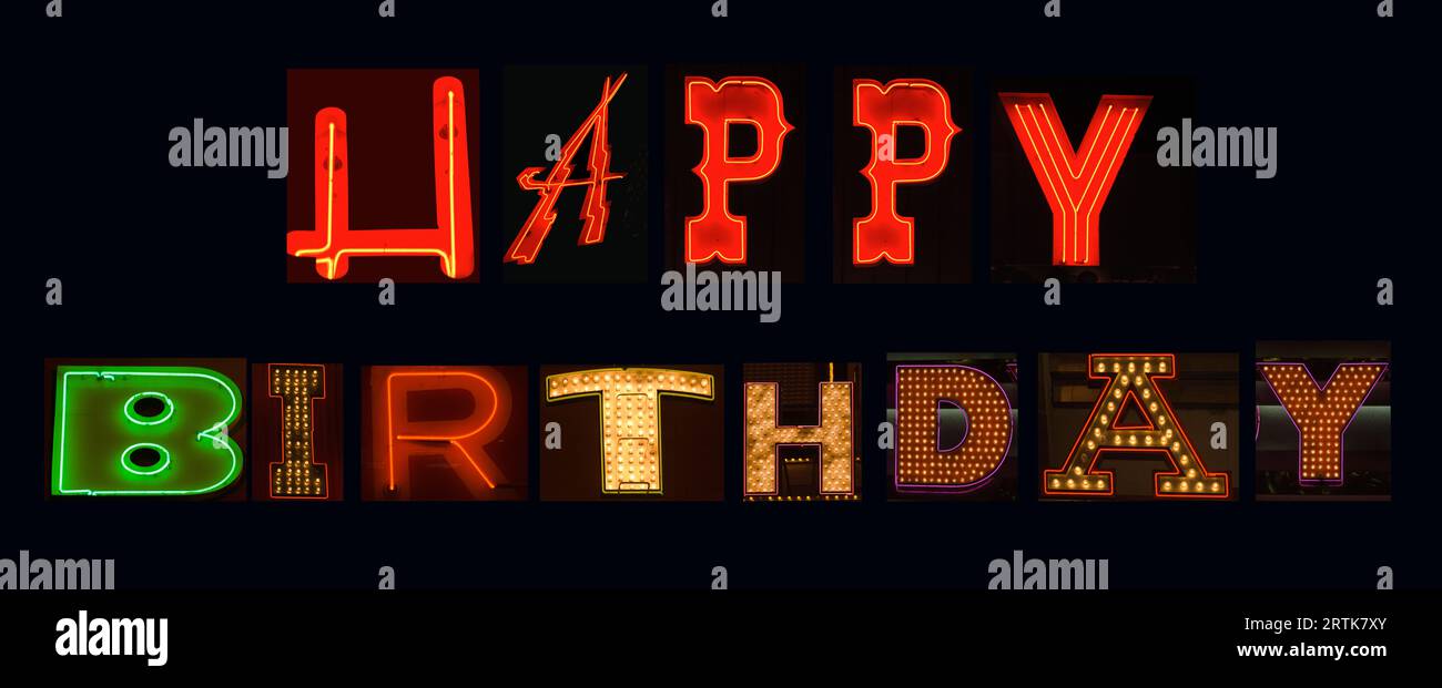 Buon compleanno con lettere chiare colorate e accattivanti su sfondo nero, creatività e attenuazione estenuante per festeggiare. Foto Stock