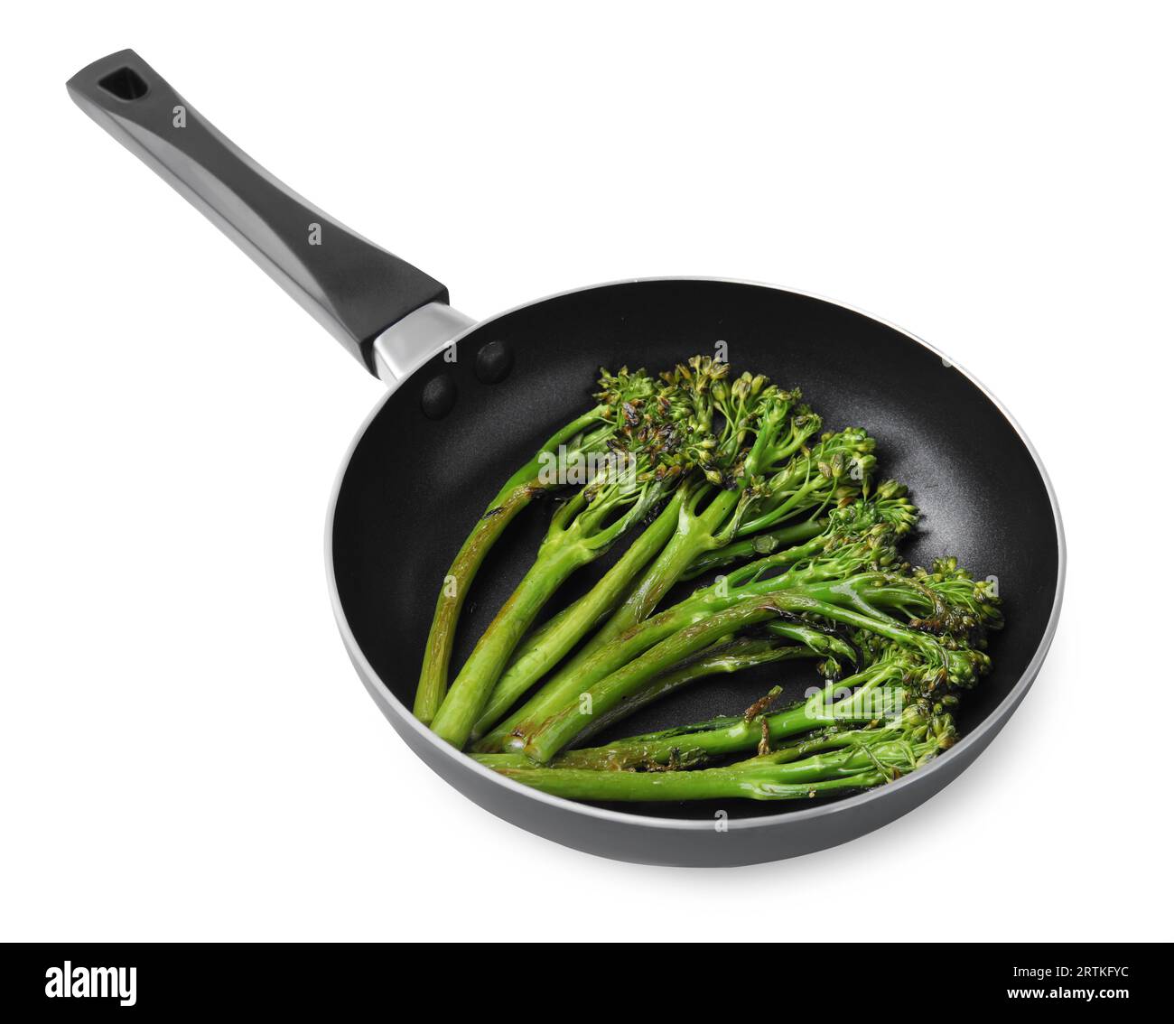 Padella con gustosi broccolini cotti isolati su bianco Foto Stock
