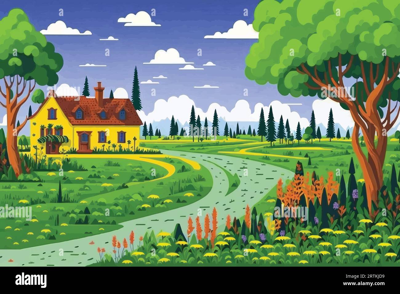 Una splendida scena naturalistica del villaggio modello di sfondo del design paesaggistico Illustrazione Vettoriale