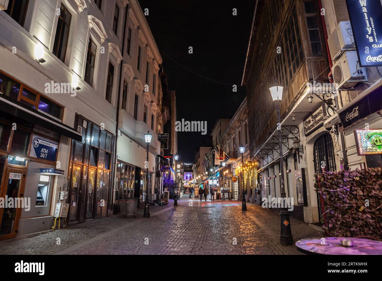 Foto del panorama della strada Selari nella città vecchia, centrul istoric, di Bucarest, Romania. La città Vecchia si trova nel centro di Bucarest, Roma Foto Stock