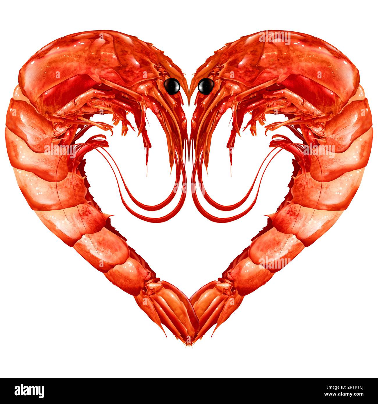 Simbolo del cuore d'amore dei gamberi isolato su uno sfondo bianco che rappresenta crostacei di gamberi rossi e pesce di gambero che cucinano come gamberetti o pesca Foto Stock