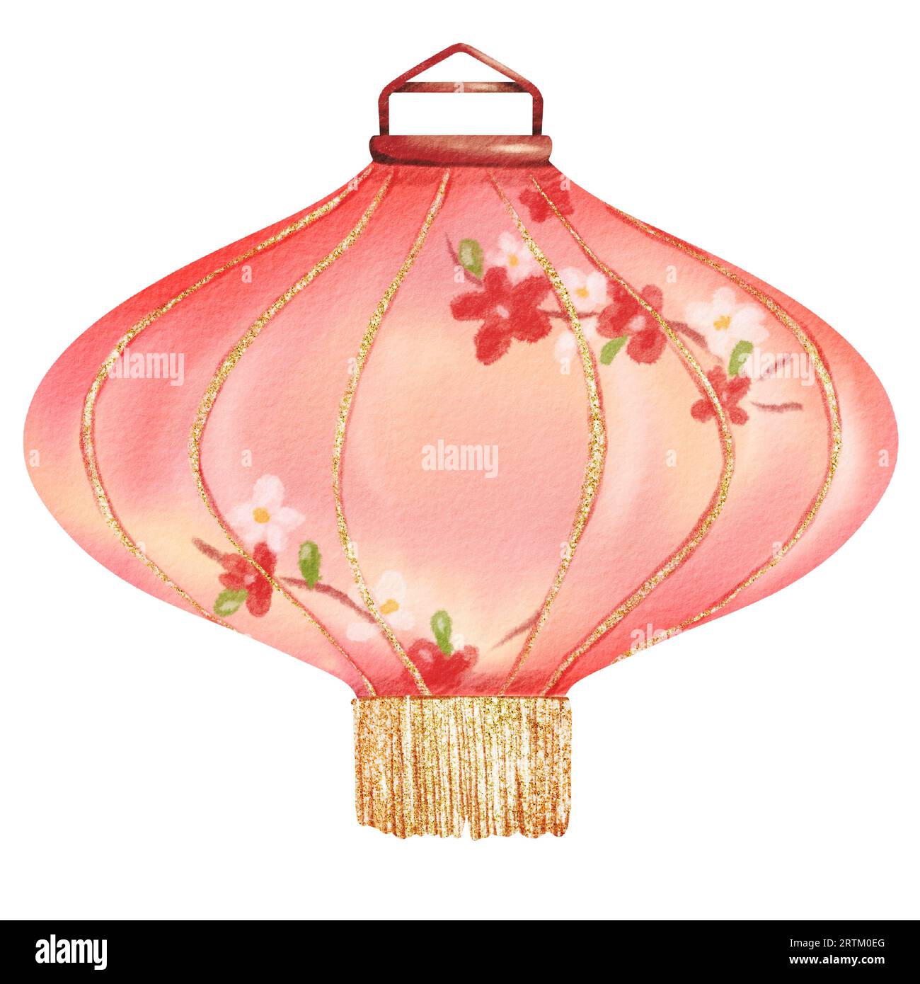 Lanterna di carta cinese rosa, caratterizzata da intricati fiori rossi e bianchi dipinti a mano e da una frangia dorata. Questa illustrazione isolata dell'acquerello Foto Stock