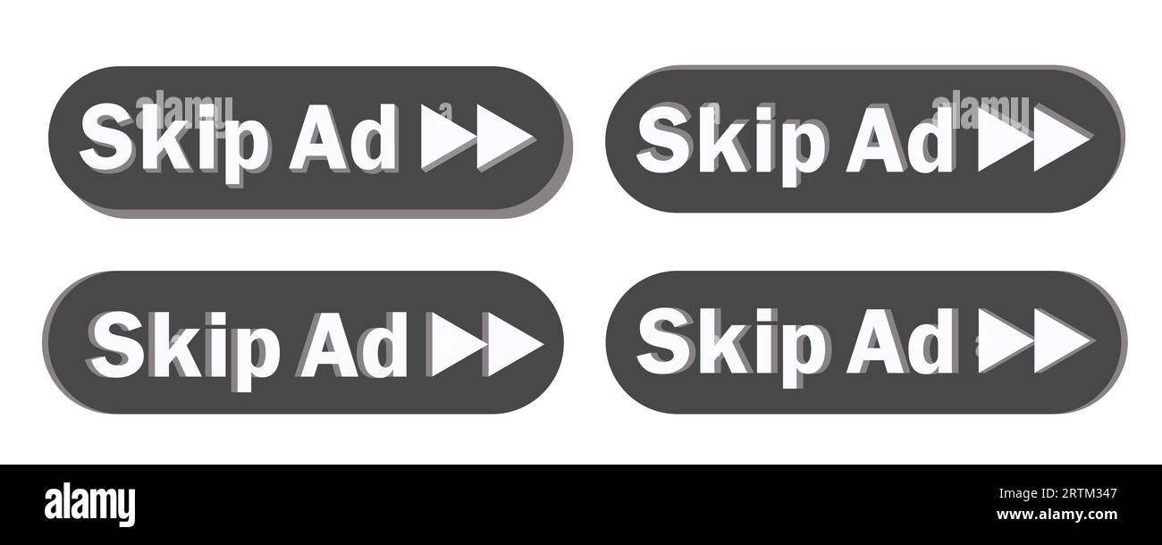 Pulsante Ignora annuncio. Icona del blocco video per la pubblicità. Modello app per interfaccia. Vettore Illustrazione Vettoriale