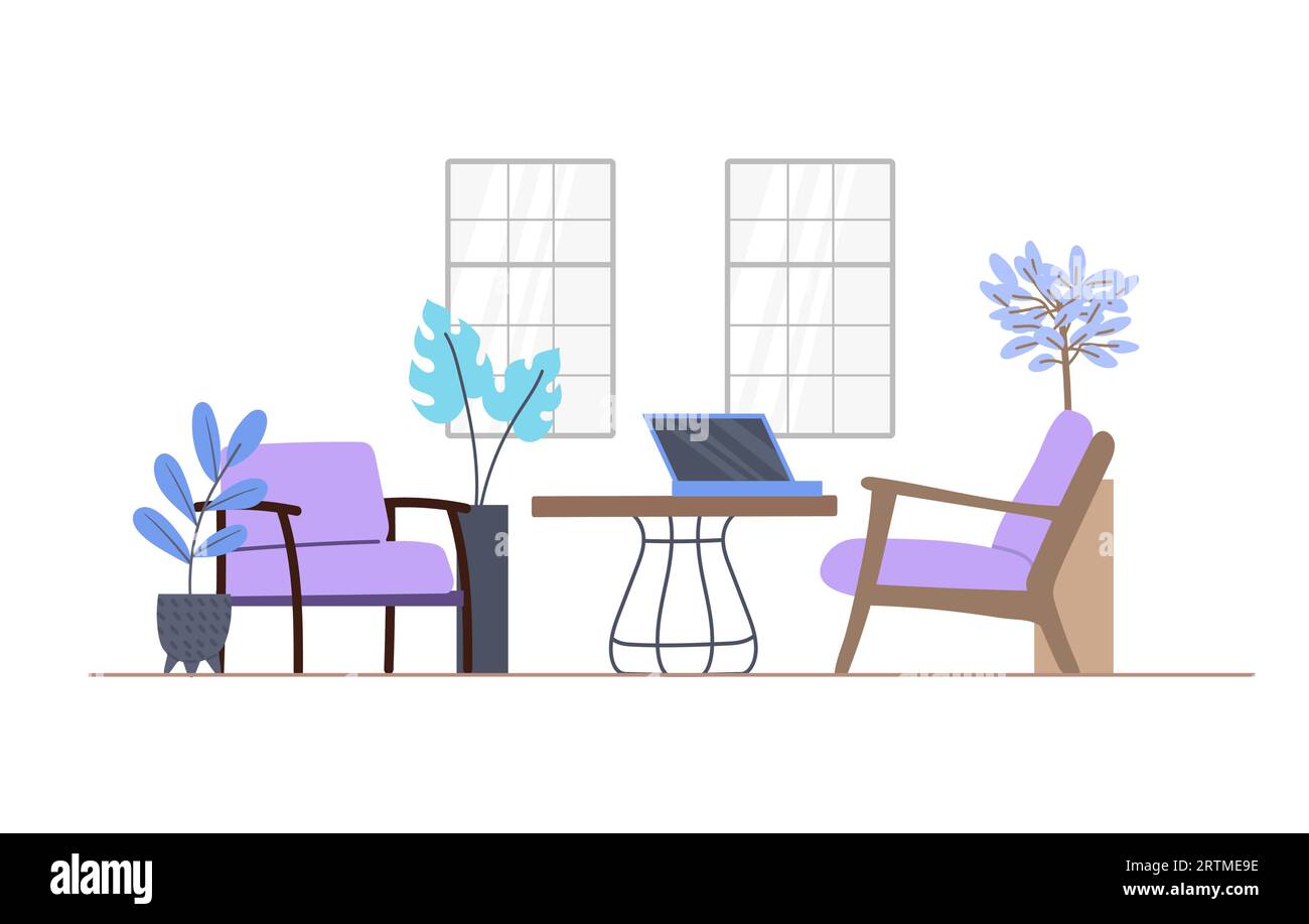 design accogliente con sedie viola e tavolino da caffè. Illustrazione interna piatta. Illustrazione Vettoriale
