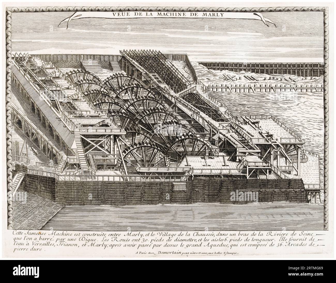 Vista della macchina di Marly, incisione, 1714-1715 Foto Stock