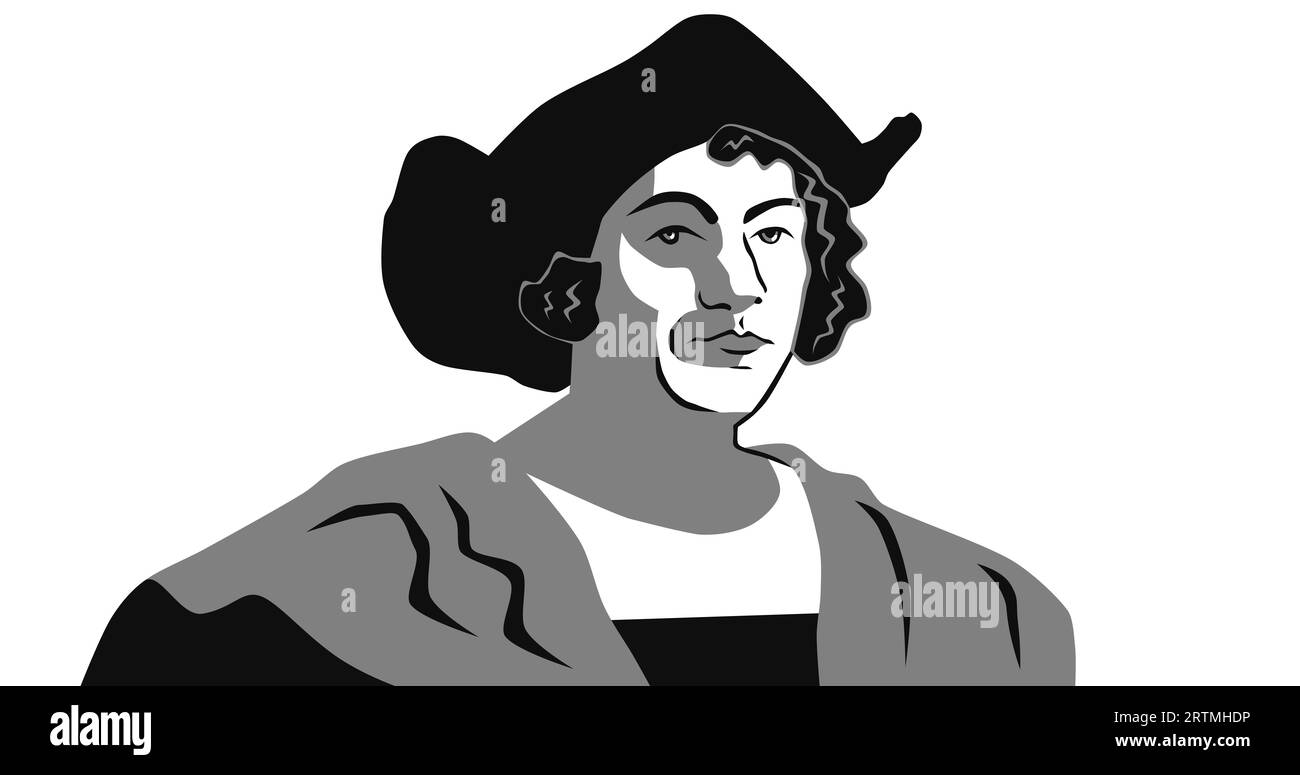 Cristoforo Colombo, illustrazione stilizzata in bianco e nero Foto Stock