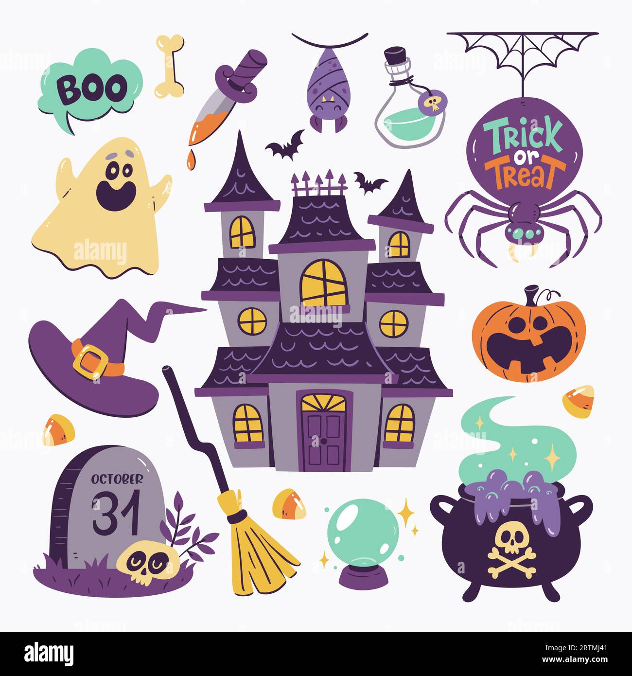 Simpatica illustrazione di Halloween con 15 clipart colorati isolati. Elementi inquietanti di halloween per celebrare una notte spettrale: Una casa infestata, un fantasma divertente, Illustrazione Vettoriale