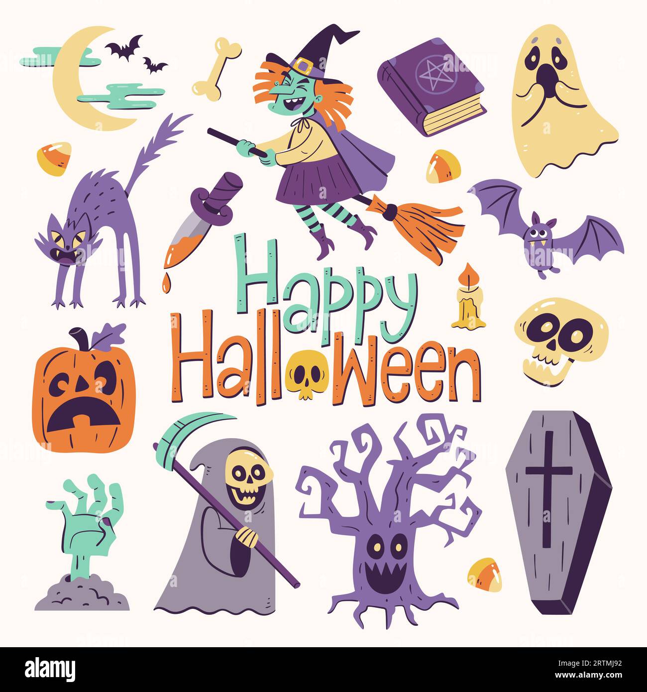 Simpatica illustrazione di Halloween con 16 clipart colorati isolati. Elementi inquietanti di halloween per festeggiare una notte spaventosa: Divertente strega che vola, fantasmi spaventati Illustrazione Vettoriale