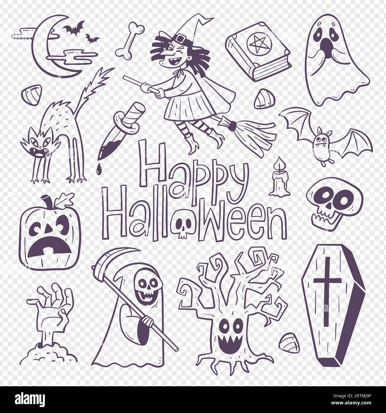 Graziosa illustrazione di Halloween con 16 clipart disegnati a mano isolati. Elementi inquietanti di halloween per festeggiare una notte spaventosa: Divertente strega che vola, sc Illustrazione Vettoriale