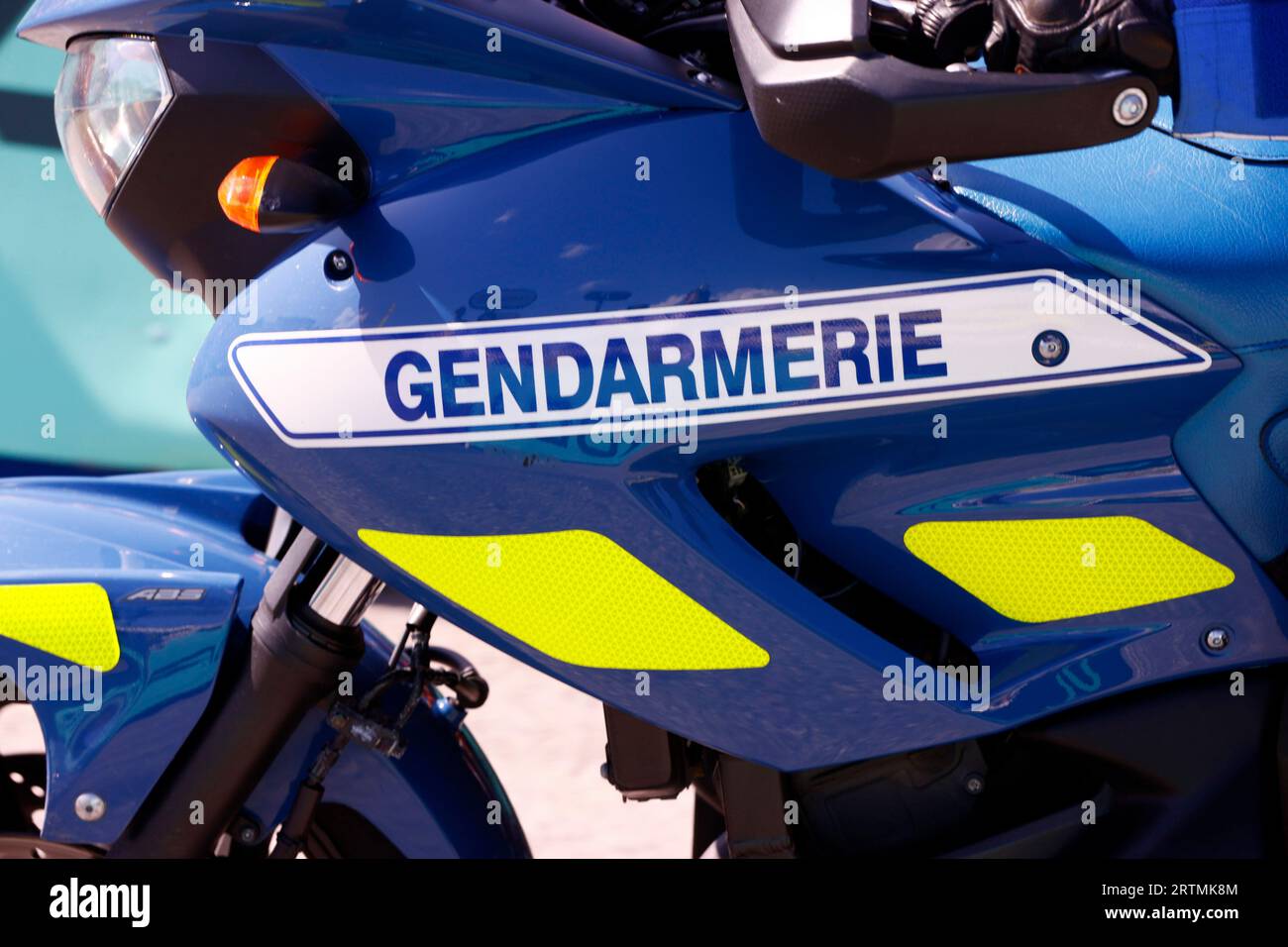 Dettaglio della moto di Gendarme. Francia. Foto Stock