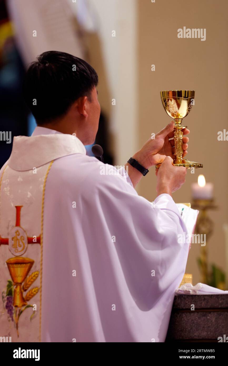 Cattedrale di San Nicola Dalat. Messa domenicale. Vista posteriore del sacerdote con chasuble alla celebrazione eucaristica. Dalat. Vietnam. Foto Stock