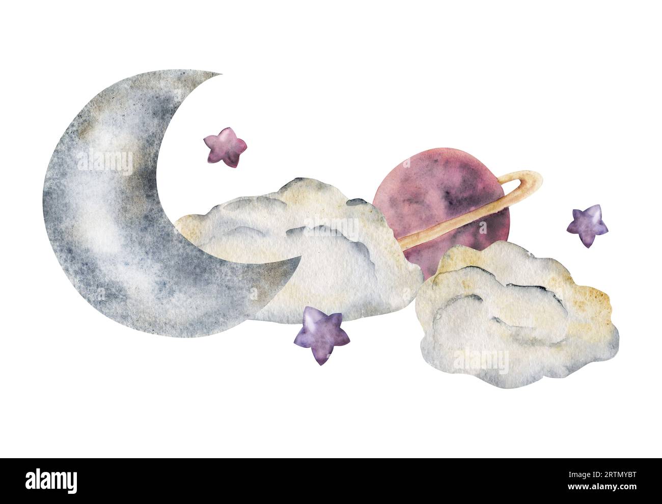 Acquerello illustrazione disegnata a mano, cosmo magico universo luna e stelle, pianeta, nuvole. Composizione isolata su sfondo bianco, effetto testurizzato Foto Stock