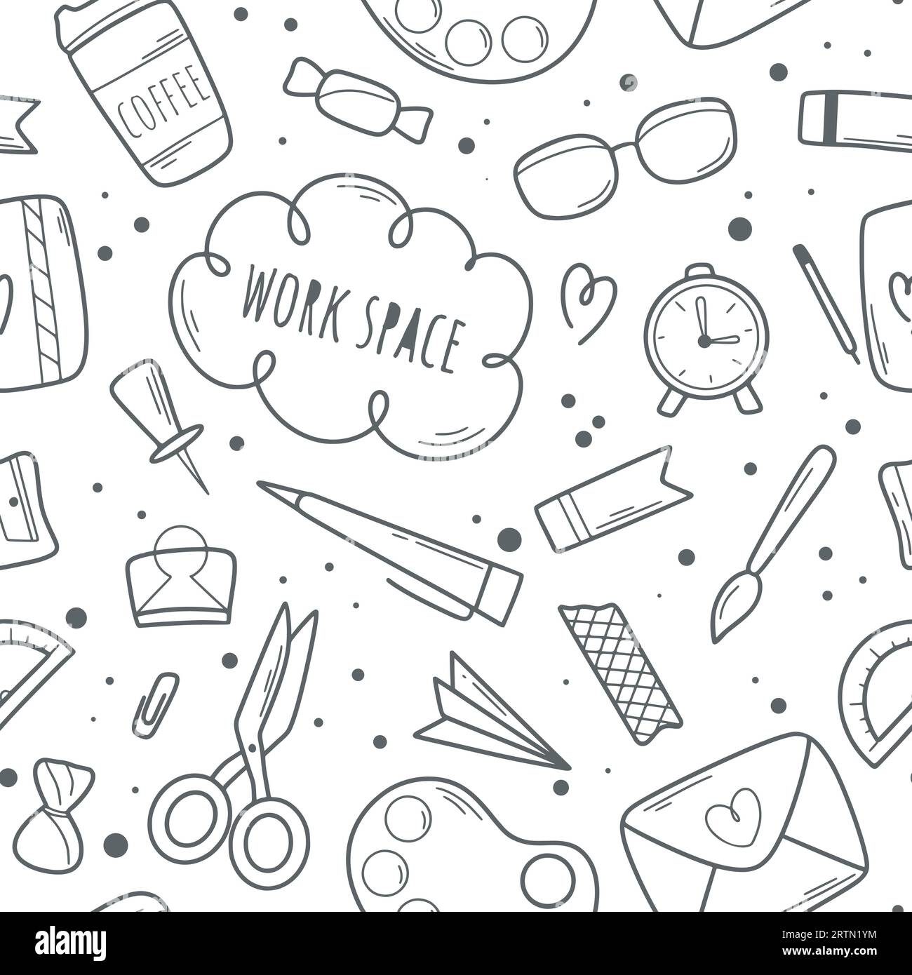 Imposta gli accessori per l'ufficio su un modello senza cuciture. Spazio di lavoro in background per lo stile doodle di studenti o dipendenti. Stampa con inchiostro per materiali di consumo per ufficio Illustrazione Vettoriale