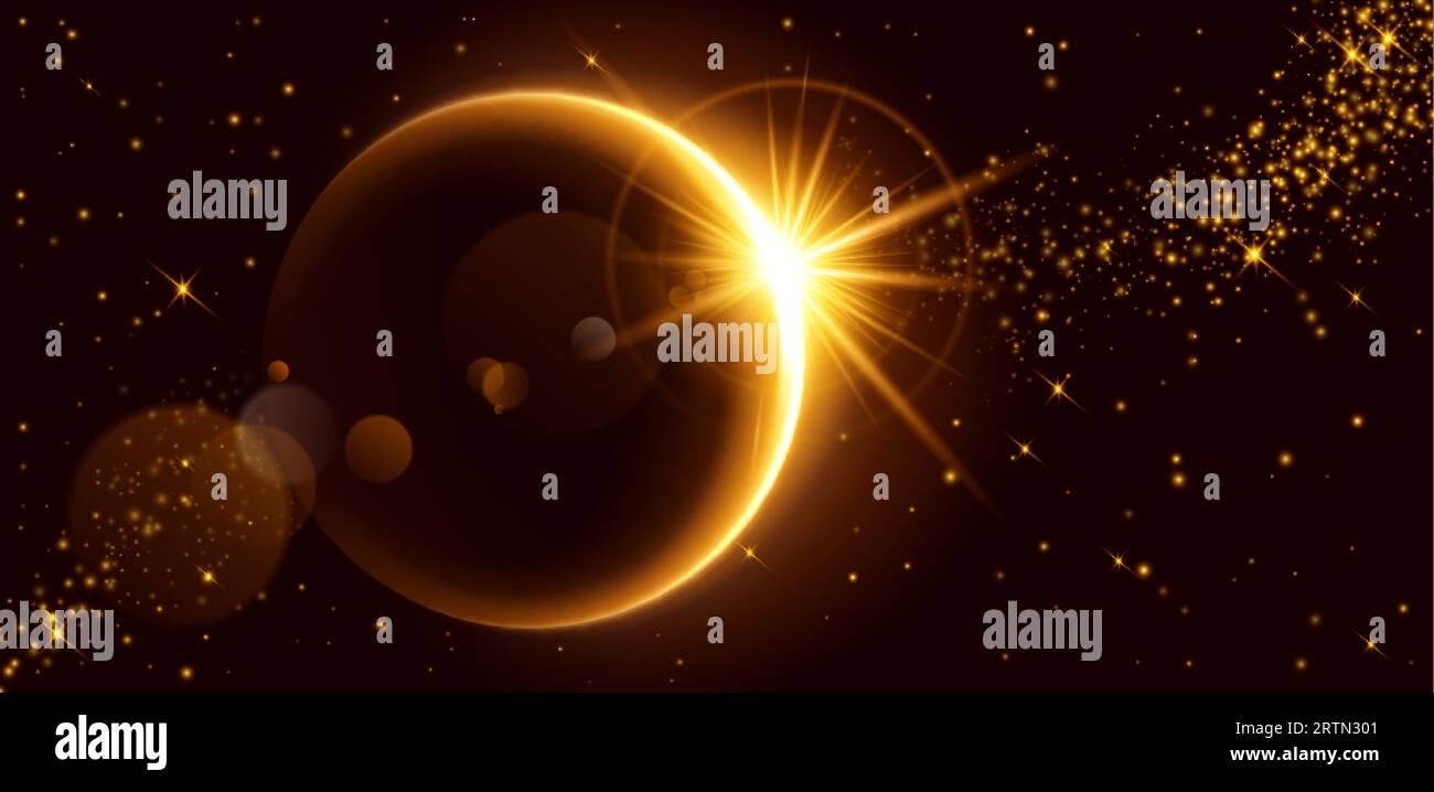 Effetto luce dorata su sfondo nero. Illustrazione vettoriale realistica di un'eclissi solare brillante che brilla con molteplici scintille dorate. Neon YE Illustrazione Vettoriale