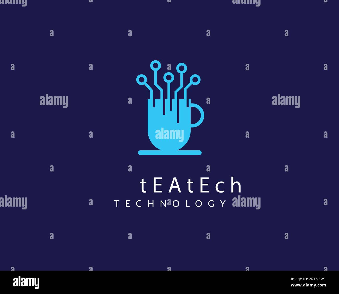 Modello vettoriale per il logo del caffè. Caffetteria e logo tecnologico. Logo Tea Tech Blue Illustrazione Vettoriale