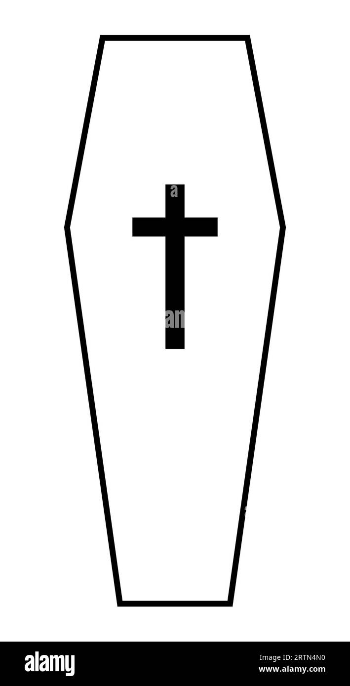 Una bara, sagoma vettoriale in bianco e nero, raffigurante una scatola funeraria con croce, isolata su bianco Illustrazione Vettoriale