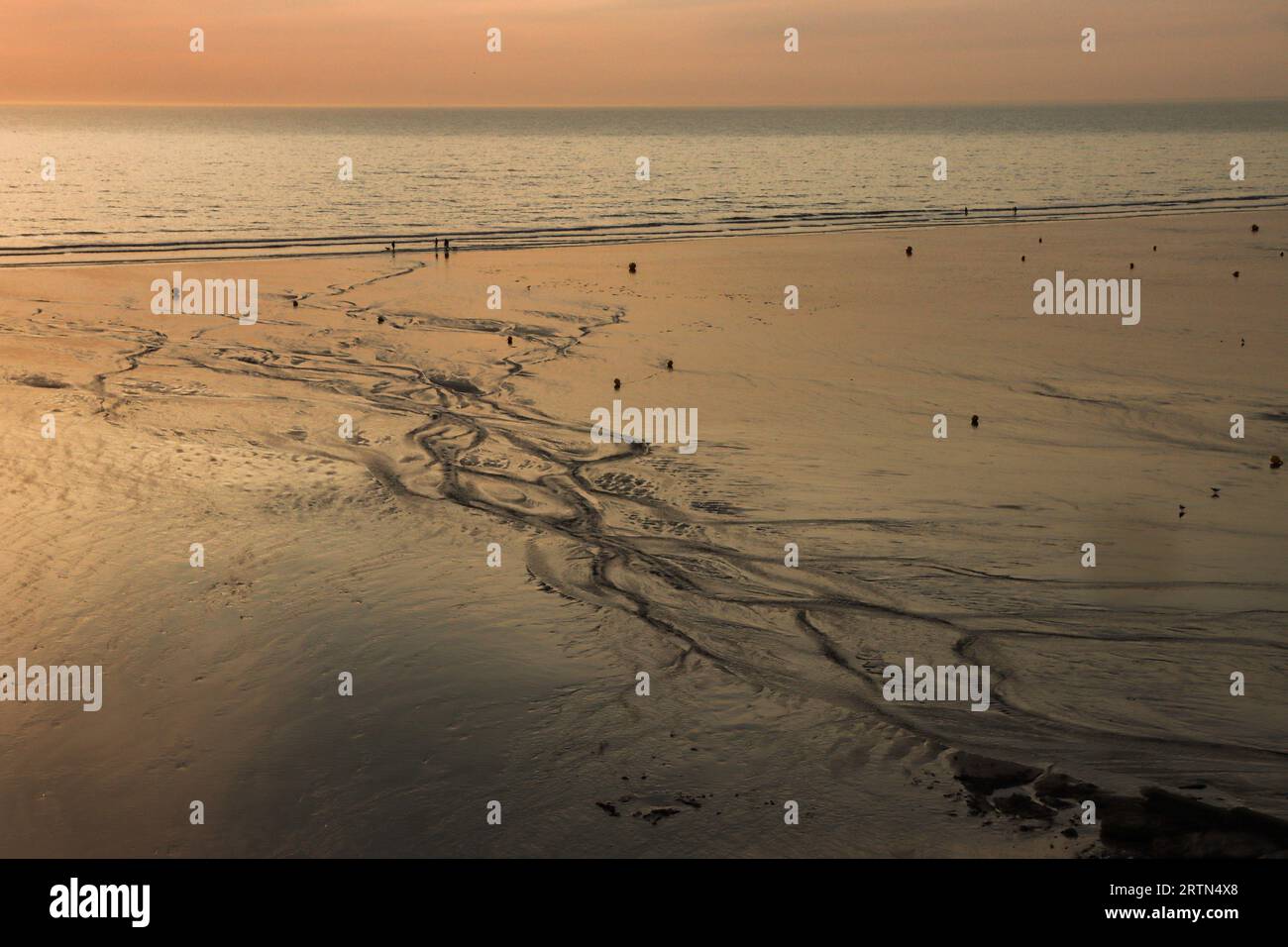Marée basse à Ault, Hauts-de-France, au coucher du soleil. Foto Stock