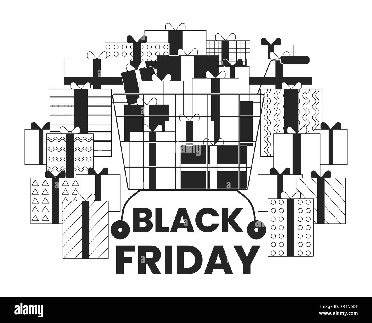 Un mucchio di regali sul concetto di illustrazione 2D in bianco e nero del Black friday Illustrazione Vettoriale