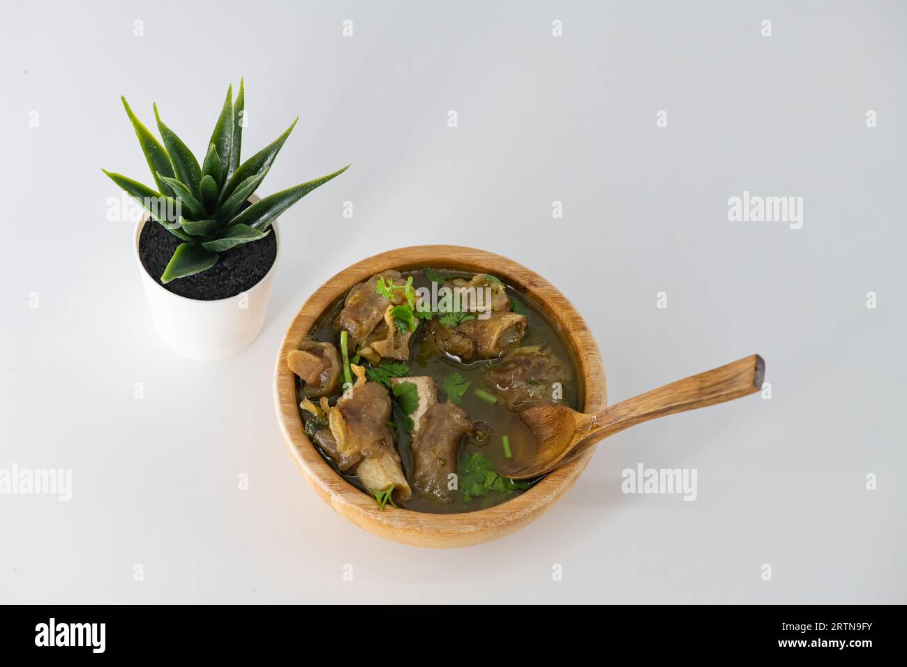 Zuppa piccante di agnello paya fresca in una ciotola di legno e pronta da mangiare. Zuppa di montone fatta in casa chiamata paya o zuppa attukaal nel sud dell'india. Zuppa di montone in legno Foto Stock