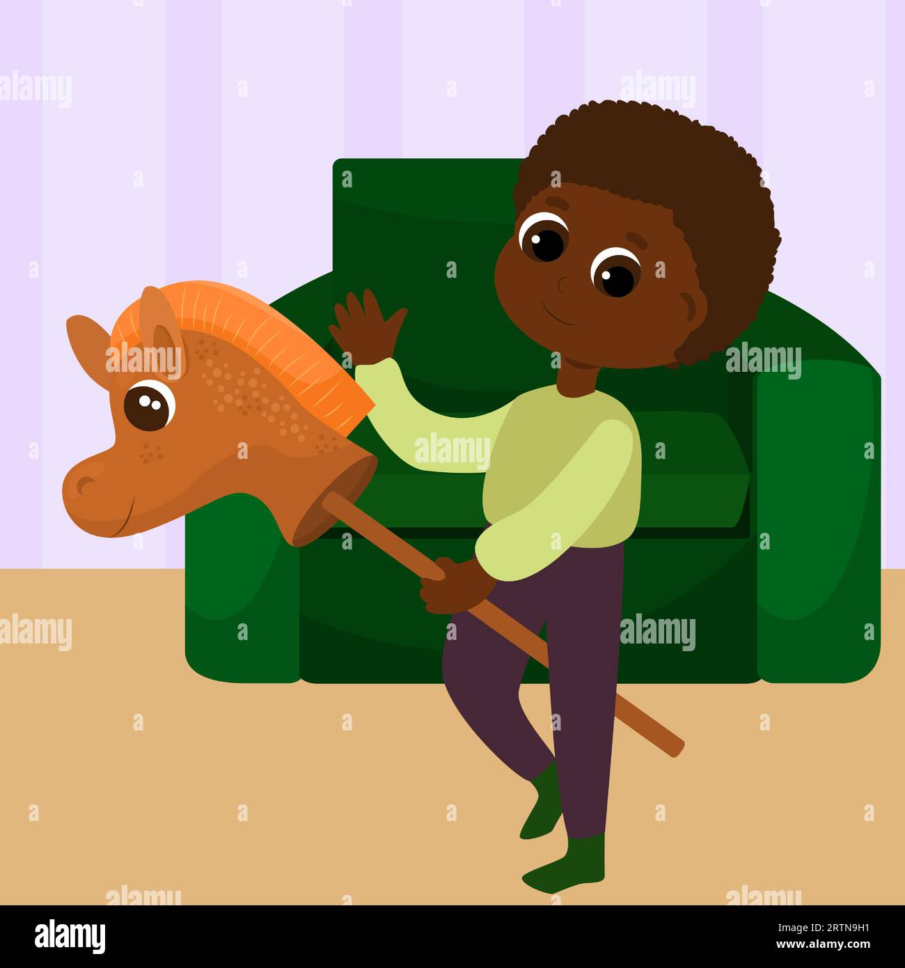 Un bambino piccolo gioca con un cavallo in sedia a rotelle. Il bambino è nella stanza. Lui è felice e sorride. Design dei personaggi in stile cartone animato. Illustrazione Vettoriale