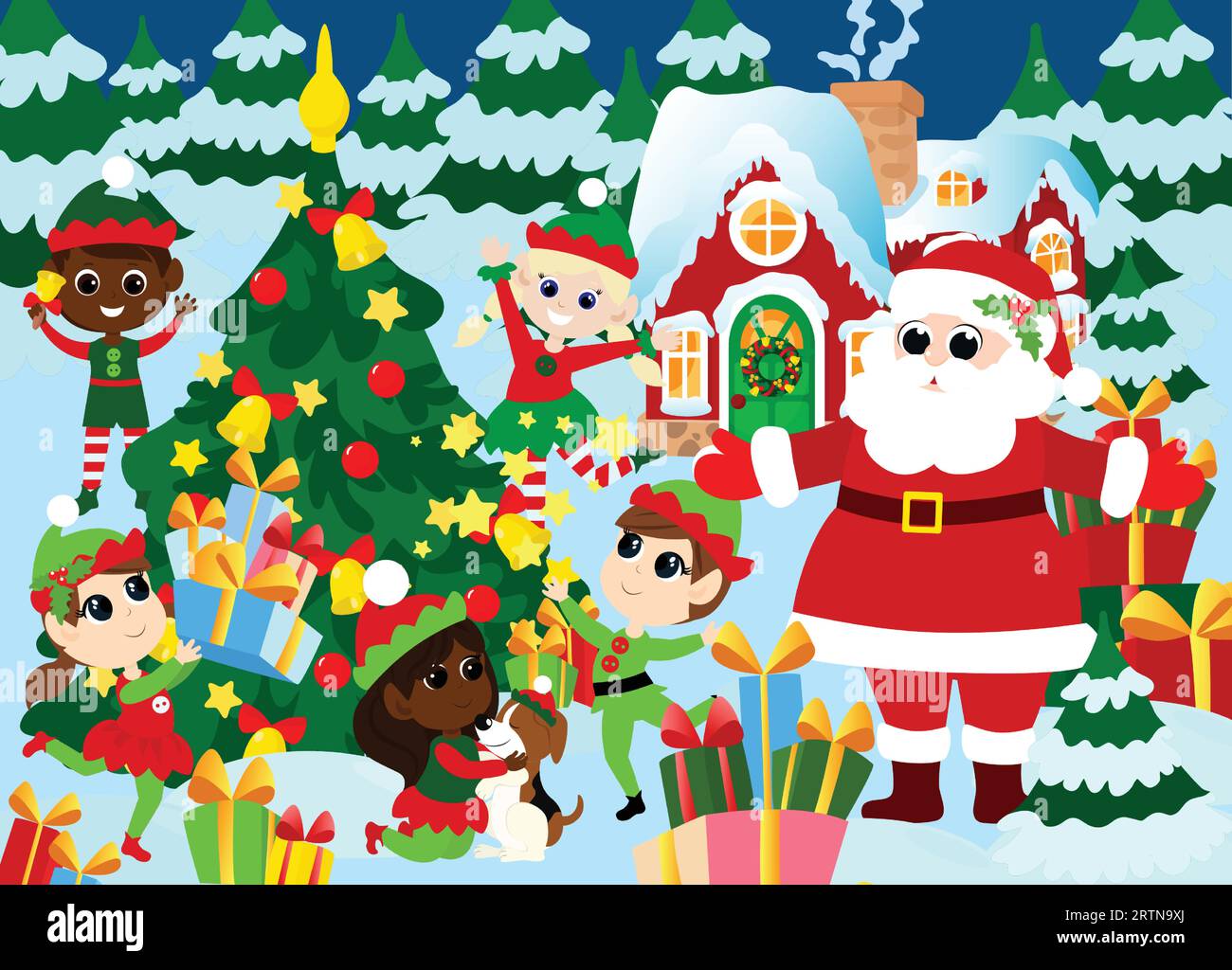 Babbo Natale con gli elfi fuori vicino all'albero di Natale. Paesaggio invernale vicino alla casa innevata di Babbo Natale. Umore di felicità e gioia. Illustrazione Vettoriale
