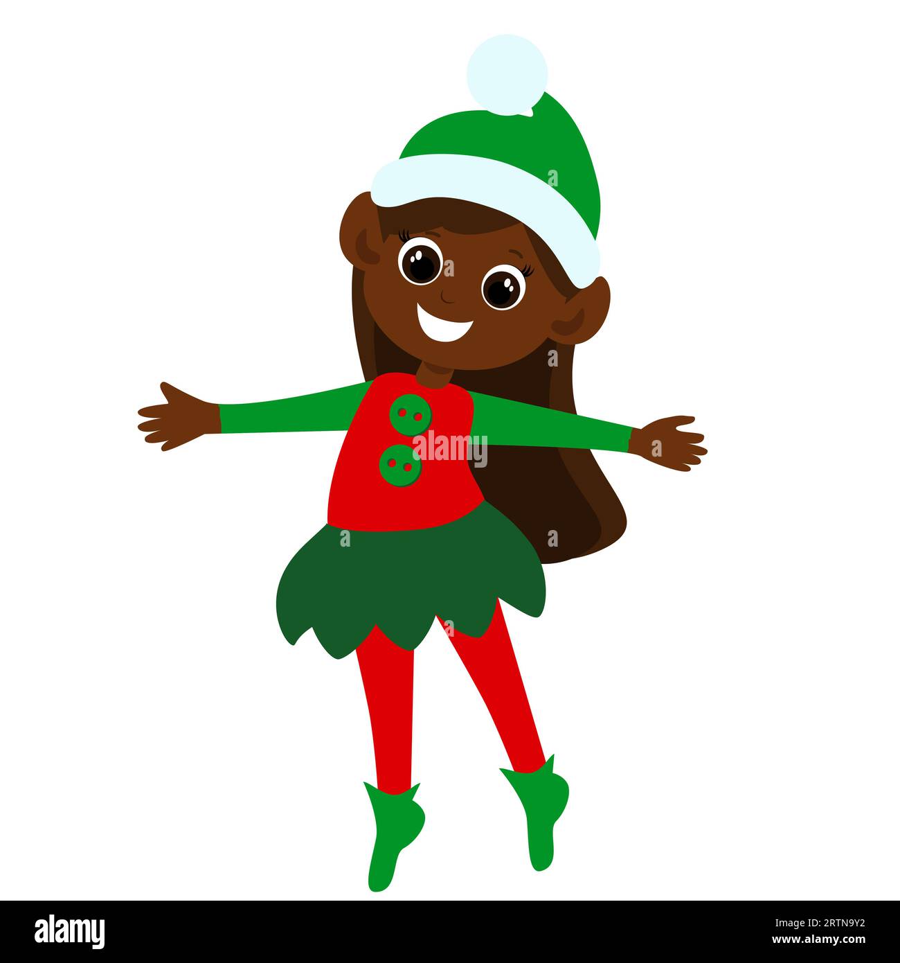 L'elfo di Natale è vestito con un costume da elfo ed è felice. Piccola e carina elfa in stile cartone animato, isolata su sfondo bianco. Il bambino gira Illustrazione Vettoriale