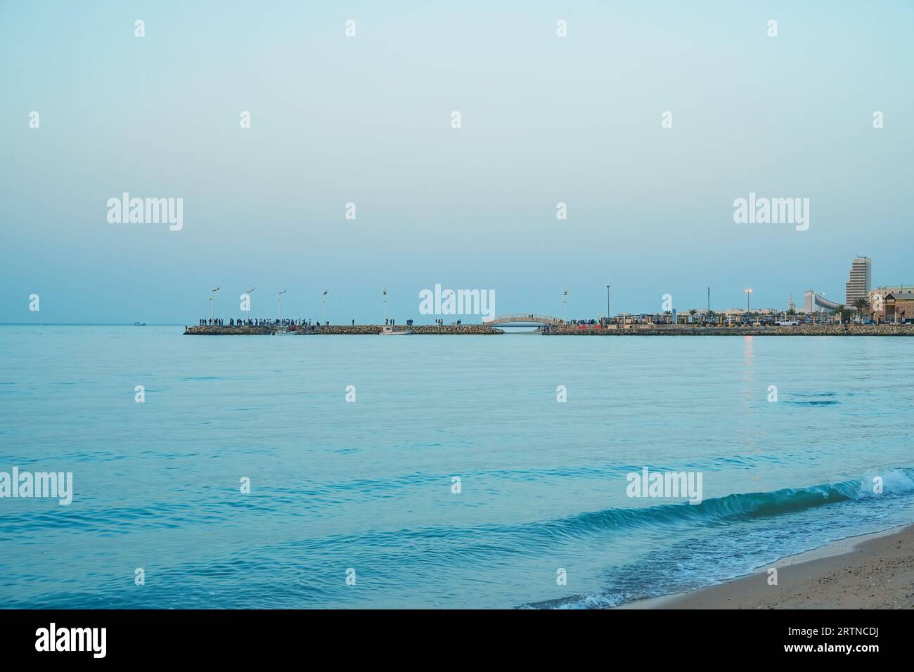 Vista dello skyline della città dal ponte sulla spiaggia. Edifici e sponde visibili Foto Stock
