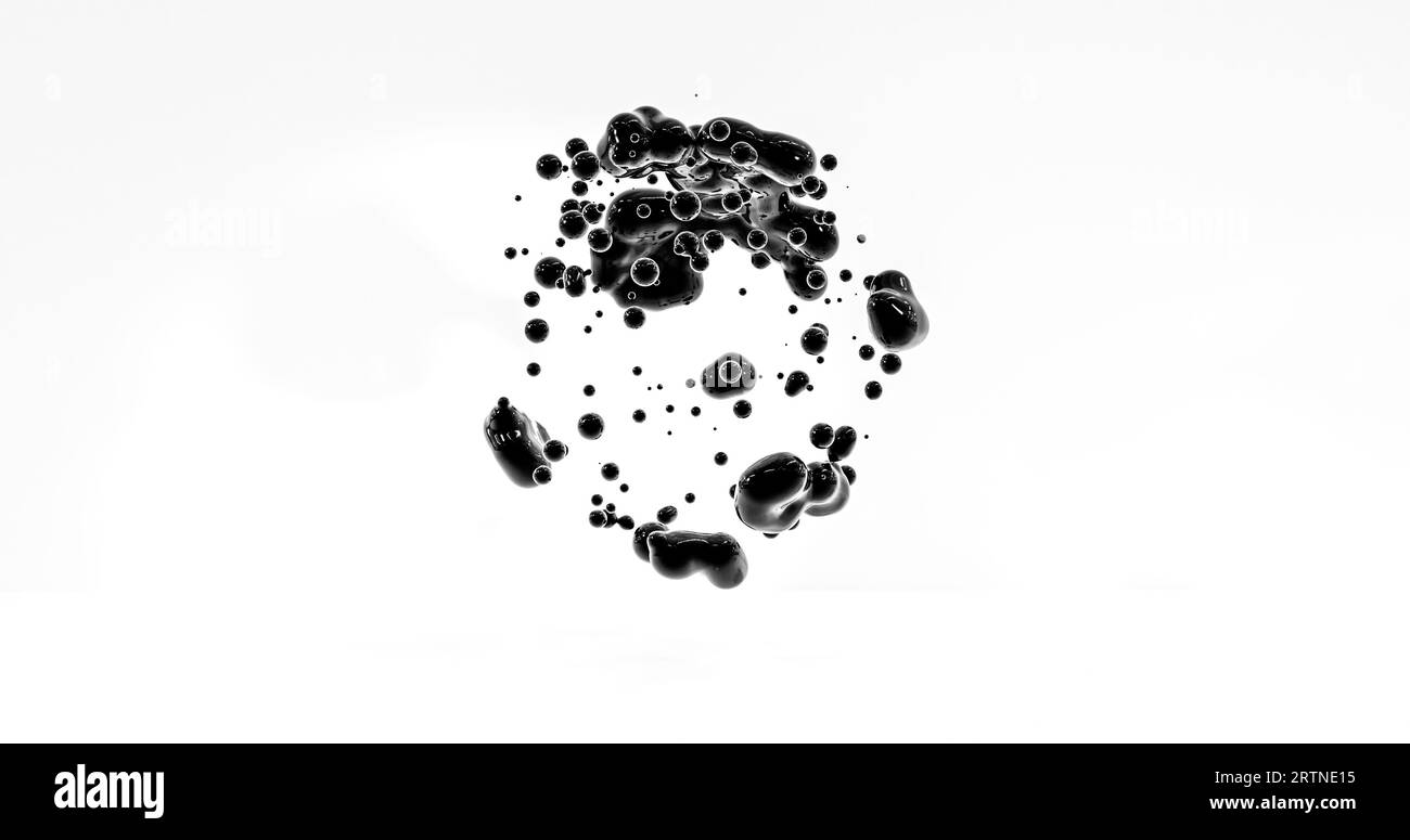 rendering 3d di sfere nere astratte in acqua liquida. Sfere nere astratte fluide che si fondono Foto Stock