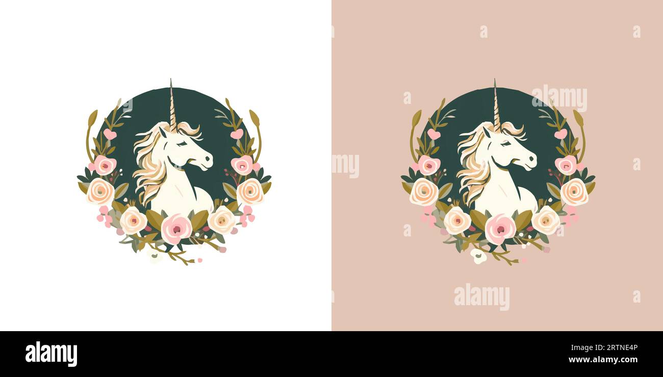 Unicorno con cornice circolare con modello di logo Flower Vector per aziende e startup. Splendido logotipo per il prodotto. Illustrazione Vettoriale