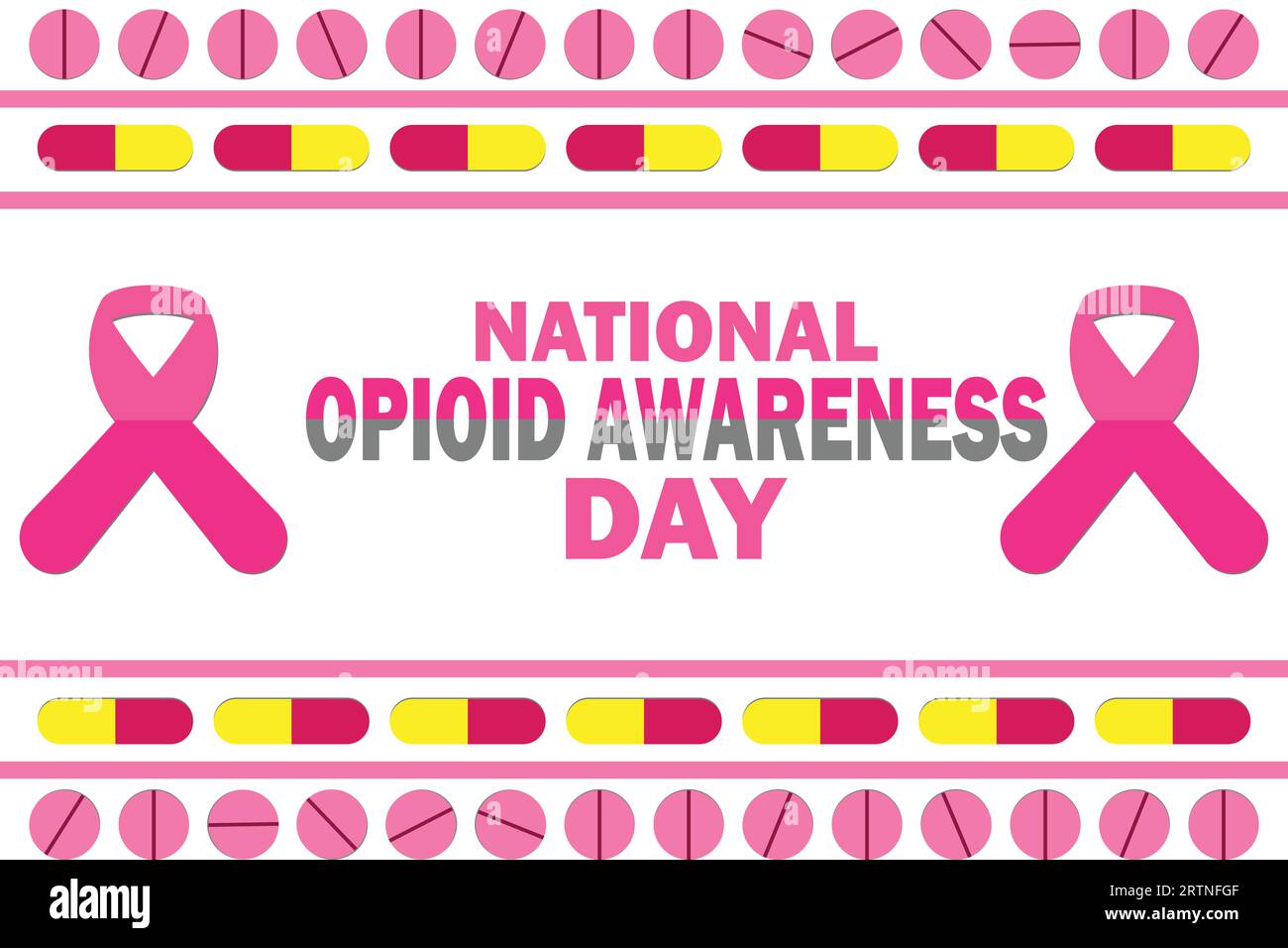 Giornata nazionale di sensibilizzazione agli oppioidi. Illustrazione vettoriale. Nastro rosa e pillole su sfondo bianco. Illustrazione Vettoriale