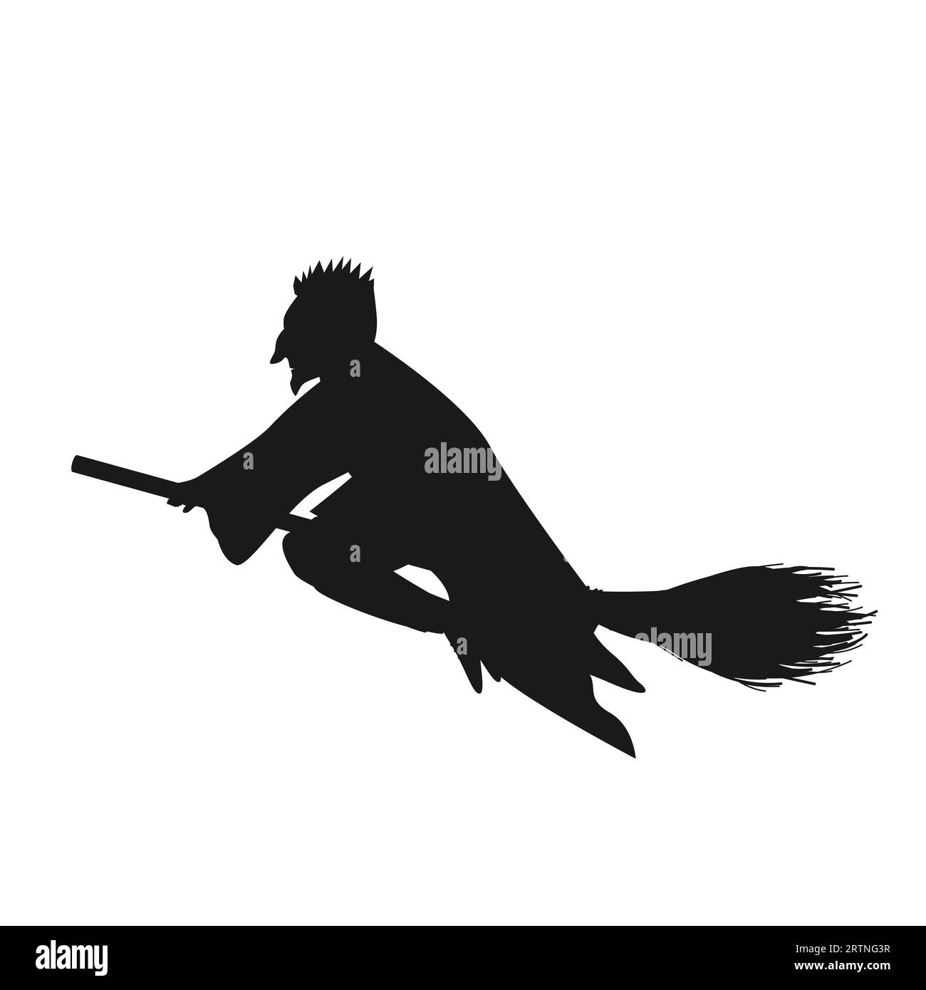 Silhouette magica nera che vola su un personaggio di cartoni animati vettoriali di scopa magica isolato sullo sfondo. Elemento di design Halloween. Illustrazione Vettoriale
