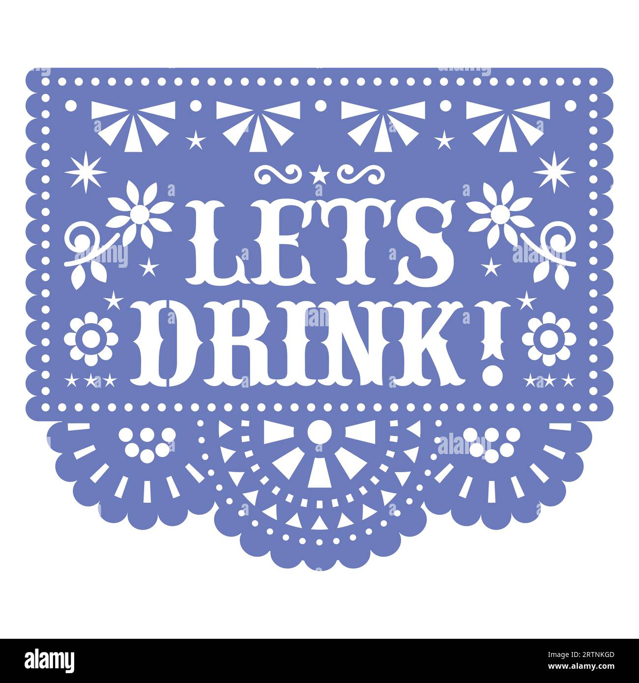 Beviamo il disegno vettoriale Papel Picado, la decorazione della fiesta con carta ritaglio messicana in blu su sfondo bianco Illustrazione Vettoriale