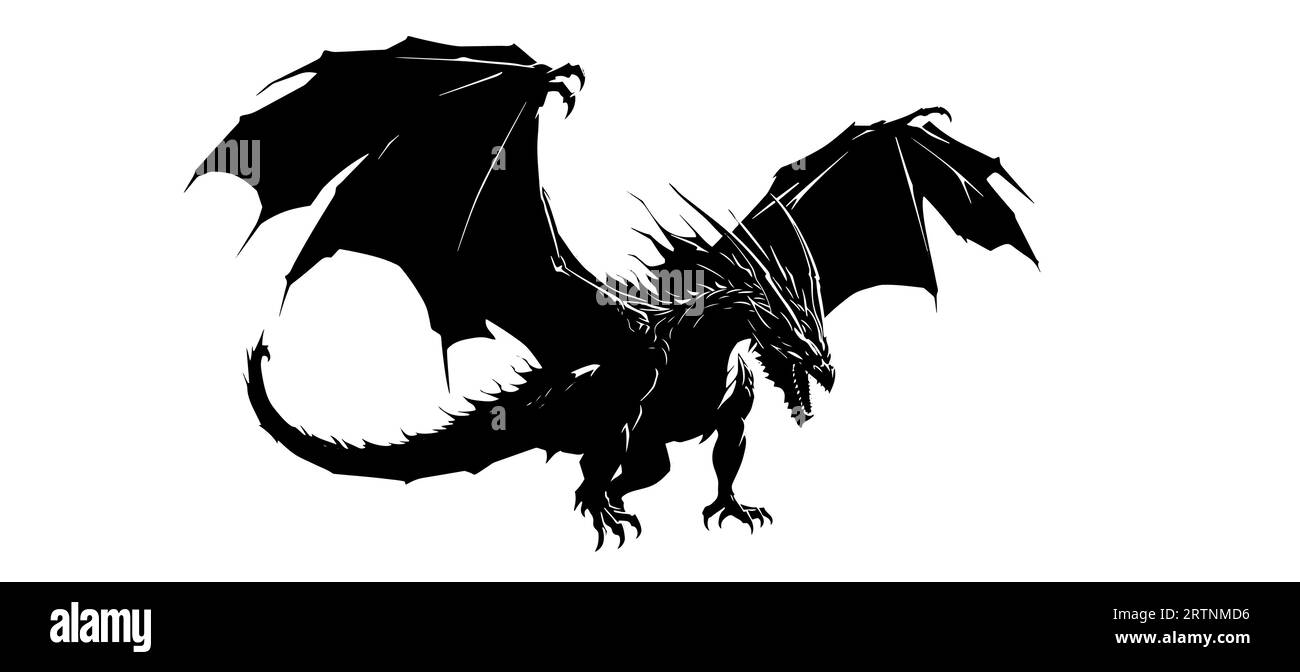 Silhouette grafica di drago nero isolato su sfondo bianco. Illustrazione vettoriale . Illustrazione Vettoriale