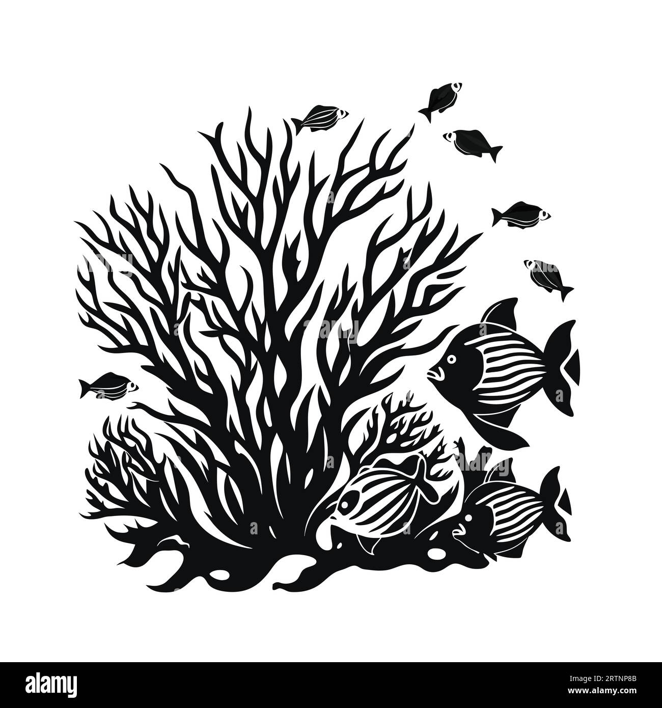 Pesci disegnati a mano e silhouette di alghe isolate su sfondo bianco. Icone vettoriali e illustrazione timbro. Illustrazione Vettoriale