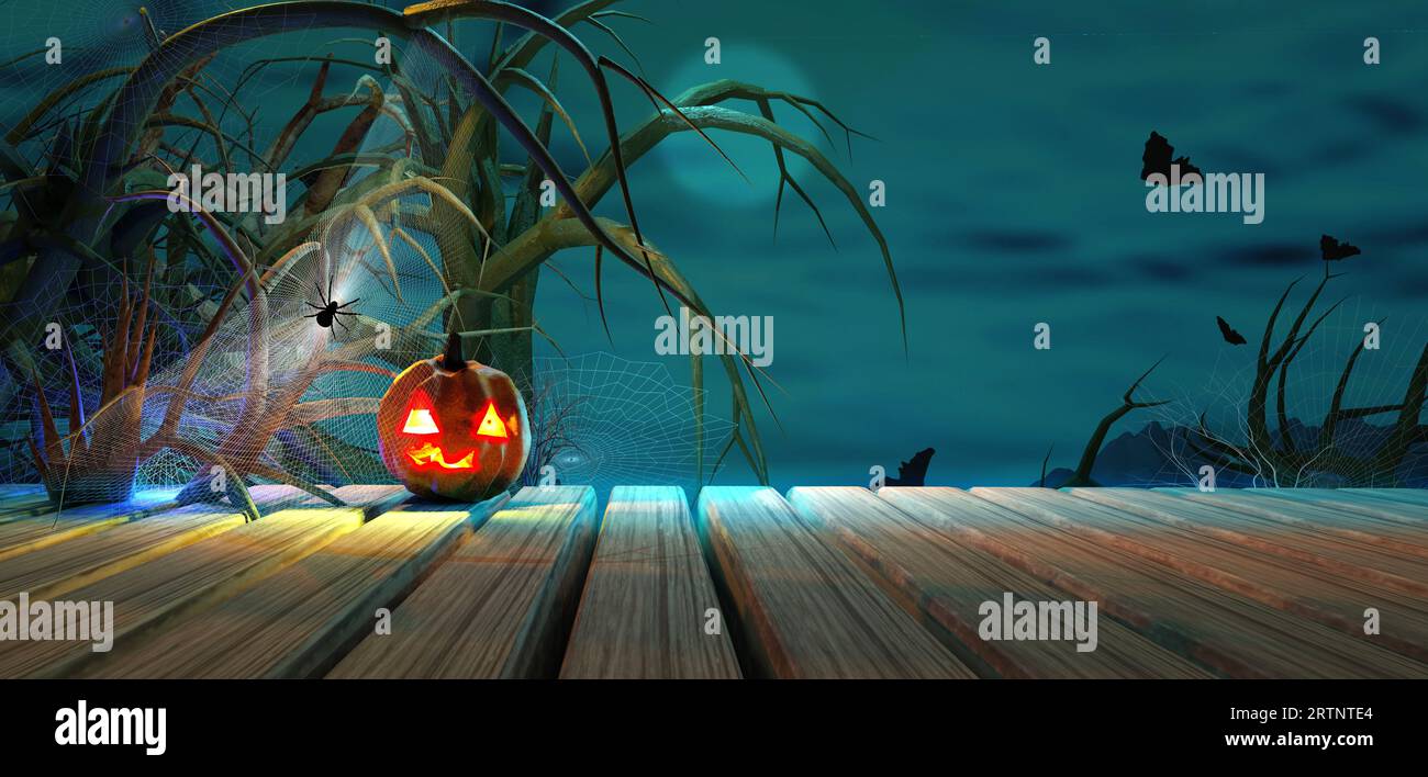 Sfondo di Halloween con zucca di notte. Illustrazione del rendering 3D. Foto Stock