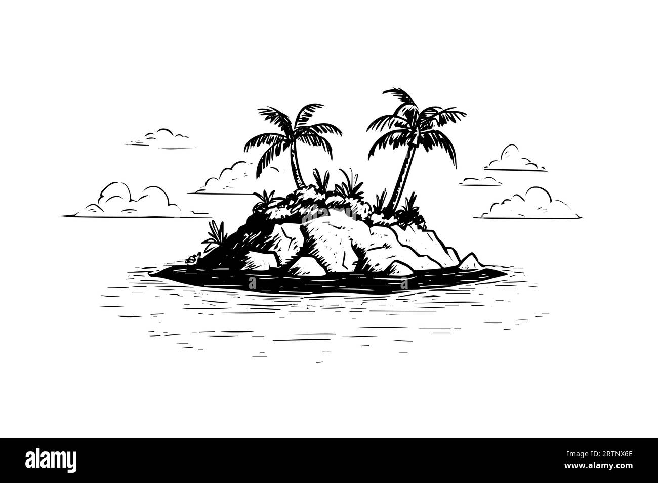 Isole con palme e schizzi a inchiostro disegnati a mano. Illustrazione vettoriale stile incisione. Illustrazione Vettoriale