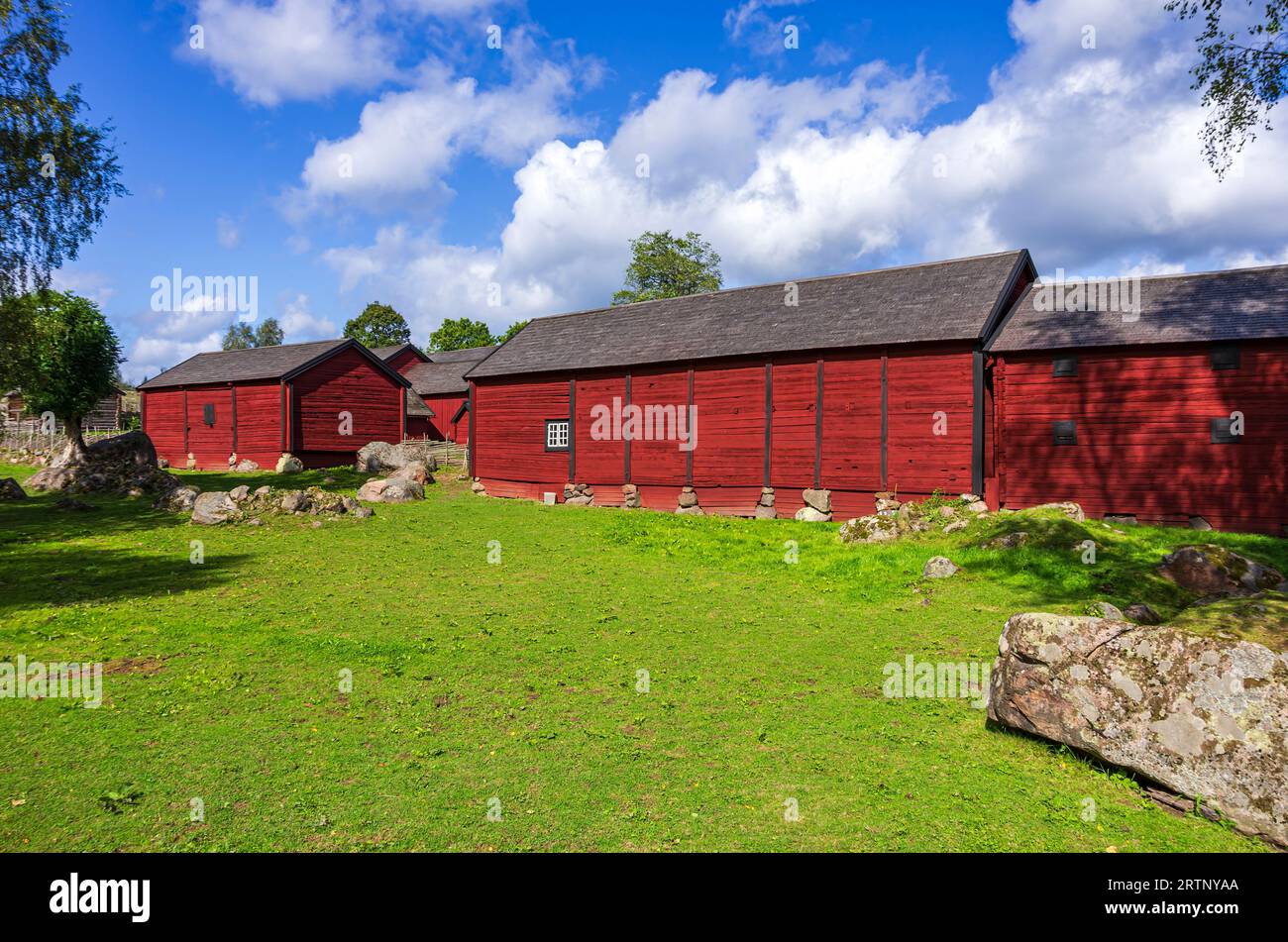 Stensjö By è un villaggio e riserva culturale a Smaland vicino a Oskarshamn, Kalmar län, Svezia, preservato nel suo stato di inizio XIX secolo. Foto Stock