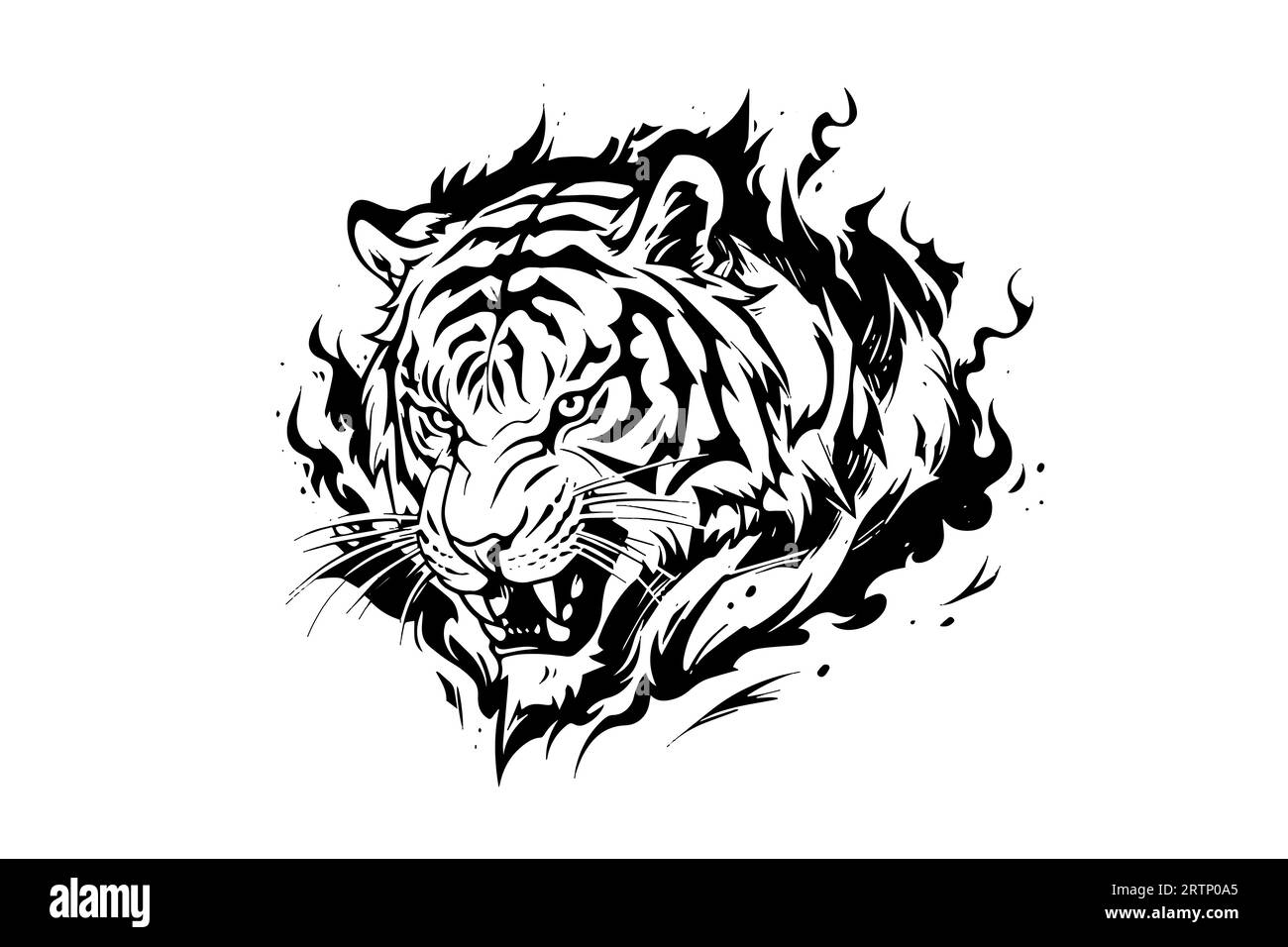 Tigre mascotte o tatuaggio. Illustrazione vettoriale in bianco e nero segno del logotipo art. Illustrazione Vettoriale