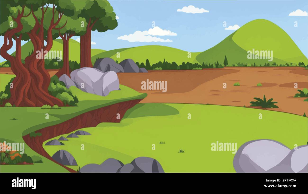 Una scena forestale con alberi e montagne Illustrazione Vettoriale