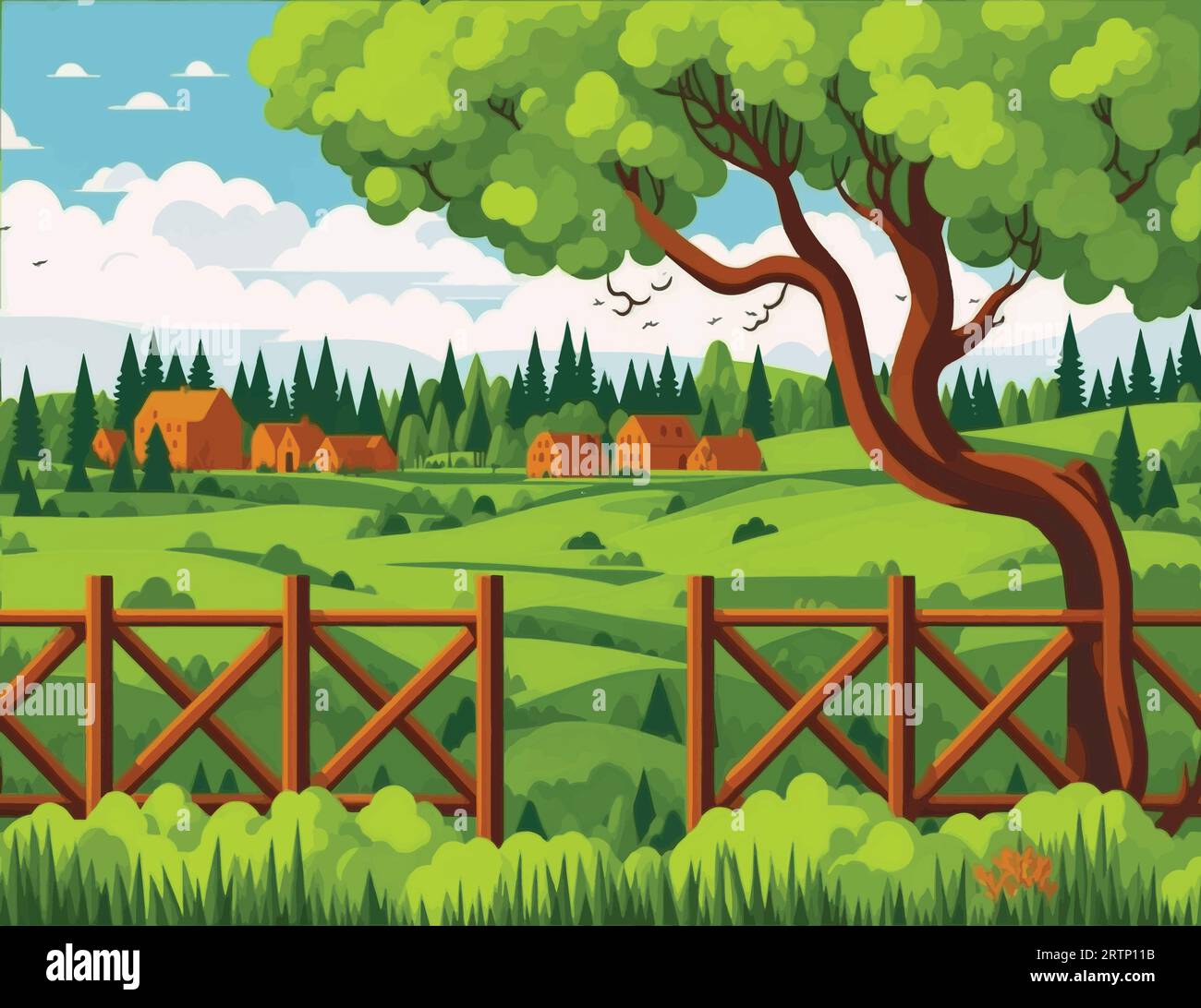 Un paesaggio naturale composto da alberi e un campo Illustrazione Vettoriale